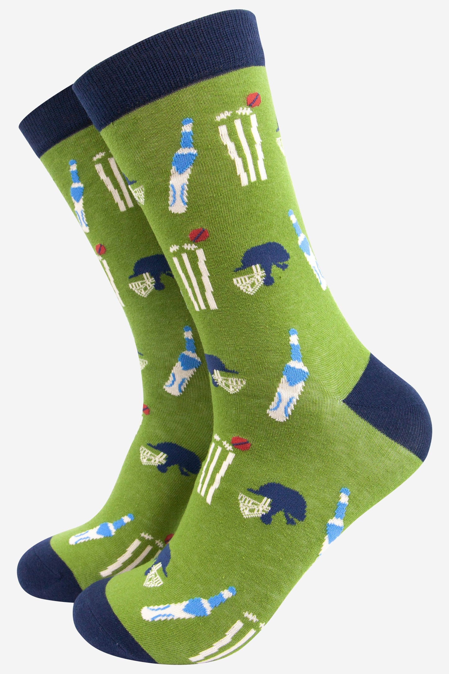 green and navy blue bamboo socks featuring a pattern of cricket stumps and bats