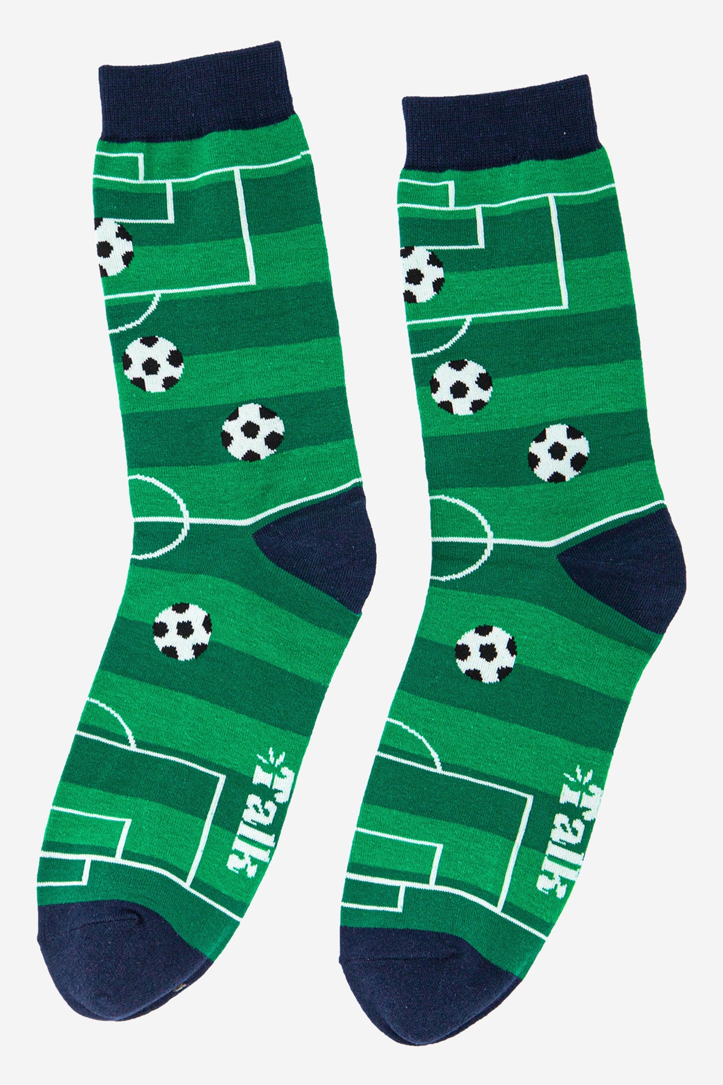 green and navy blue socks designed with white markings of a football pitch
