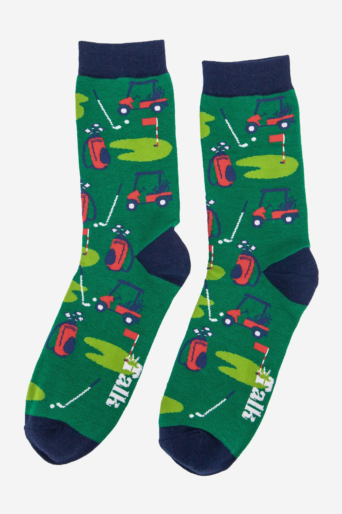 mens bamboo golf socks in green with a navy blue heel, toe and trim