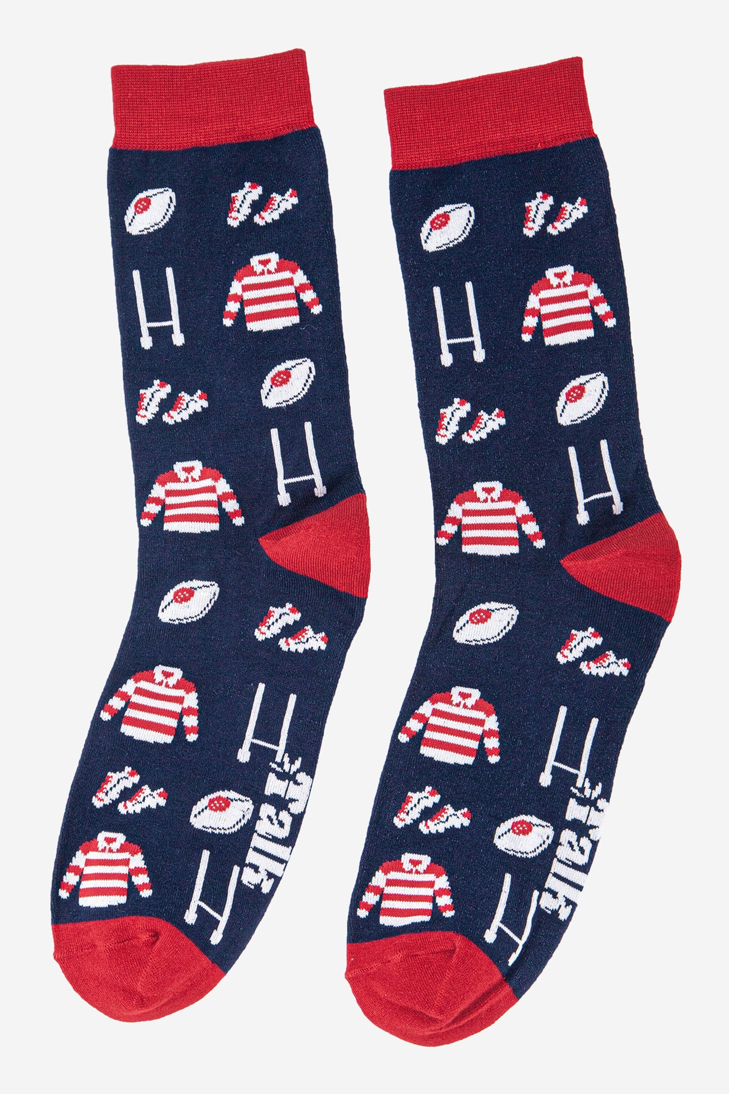 mens rugby socks in navy blue, red and white with a repeating pattern of rugby goals, balls, boot and shirts