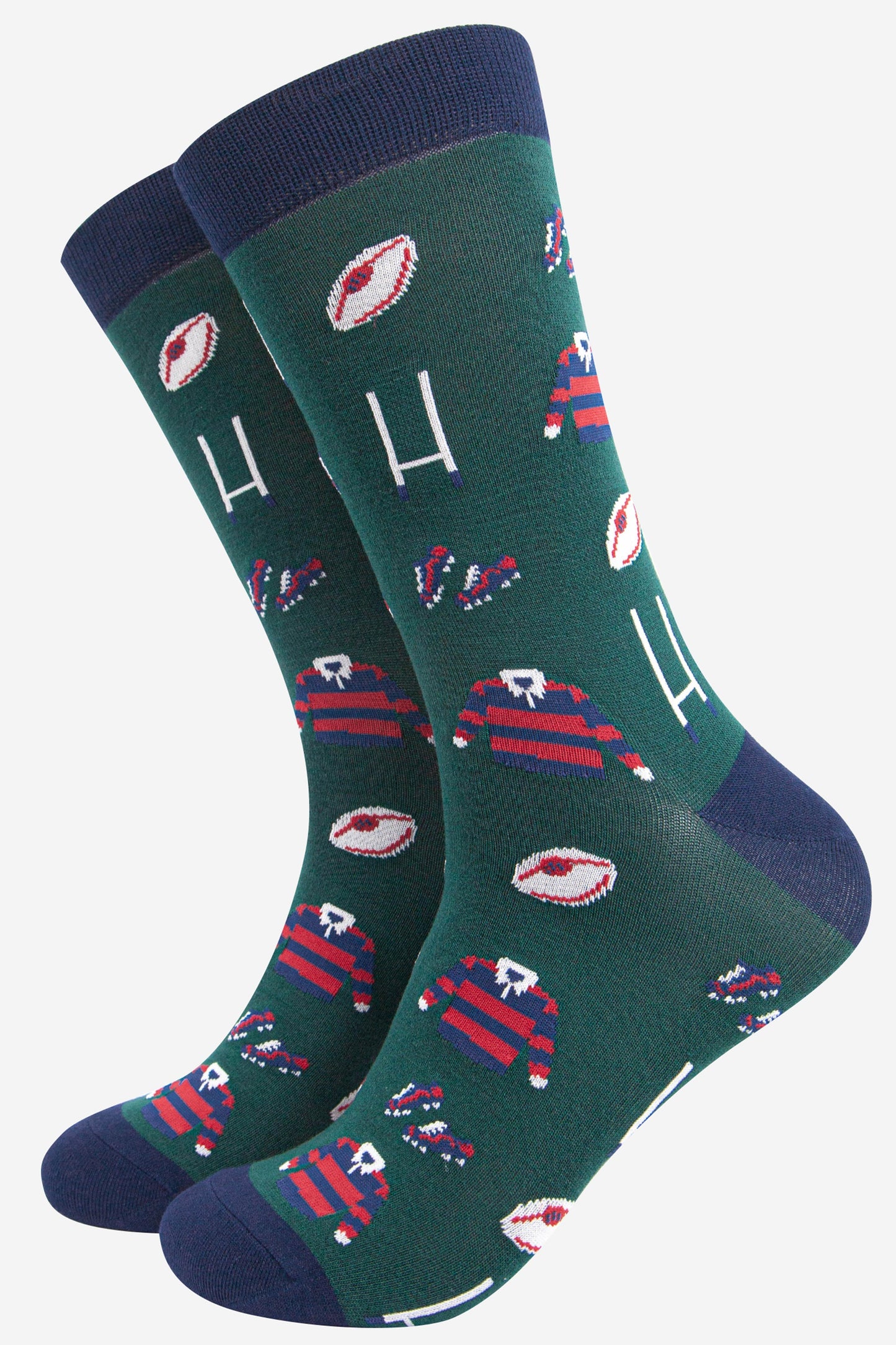 mens green rugby themed novelty dress socks featruing a red and blue rugby team kit , rugby ball and rugby goal posts