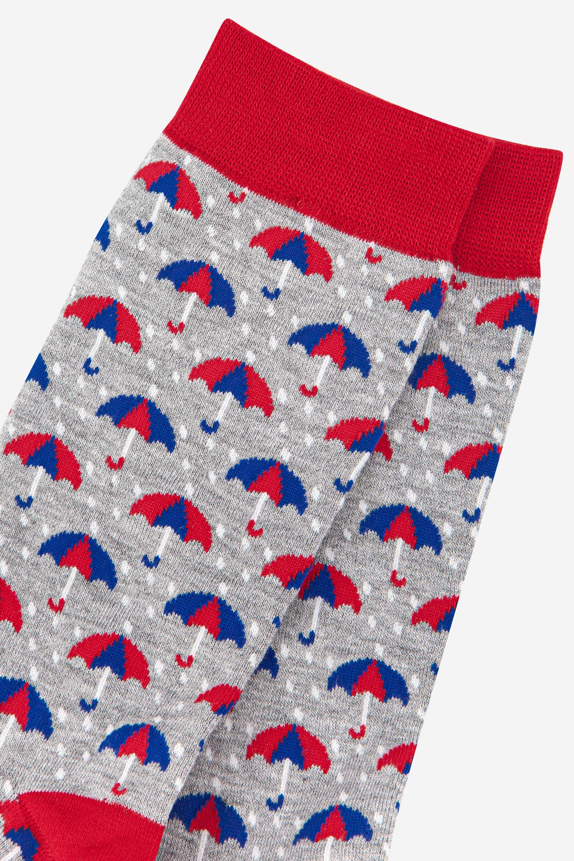 close up of the red and blue umbrella pattern on the bamboo socks