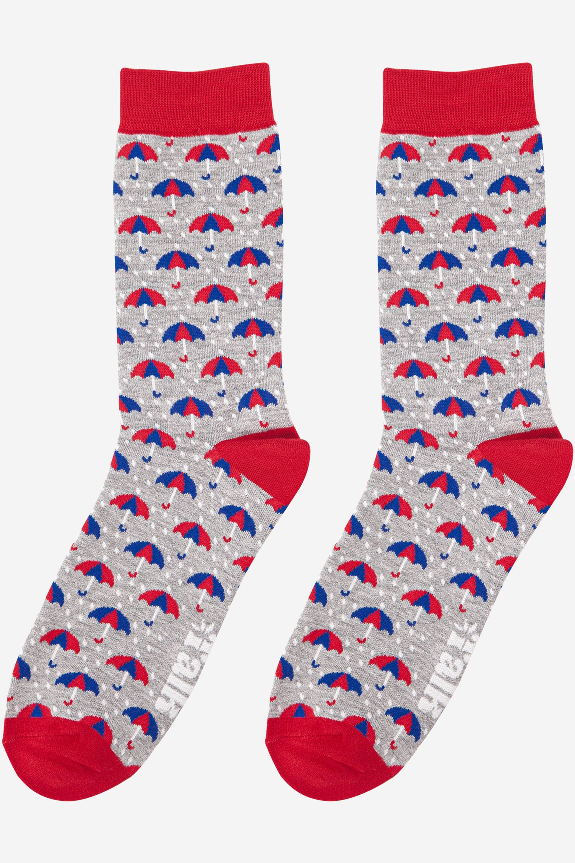 grey and red socks with an all over umbrella print pattern