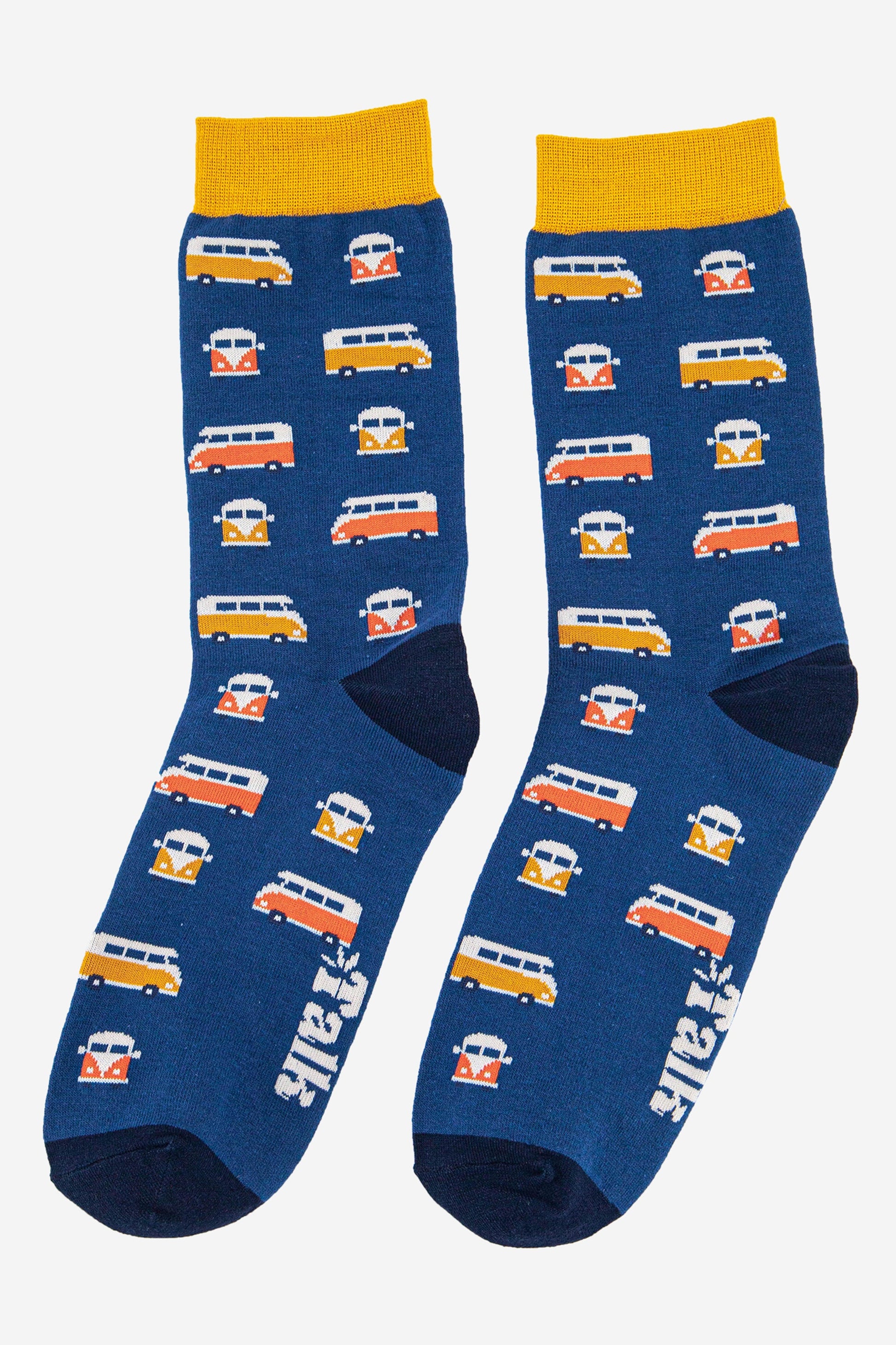 mens novelty dress socks featuring an all over pattern of orange and yellow campervans