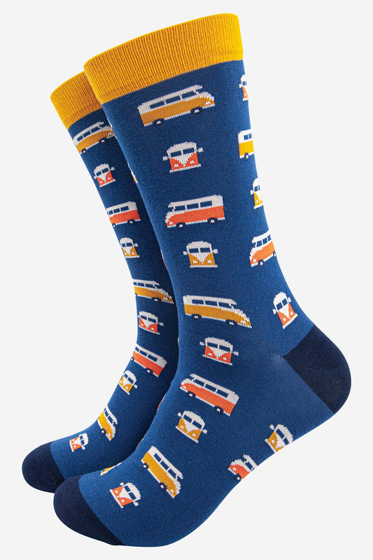 blue bamboo socks with an all over vintage campervan pattern
