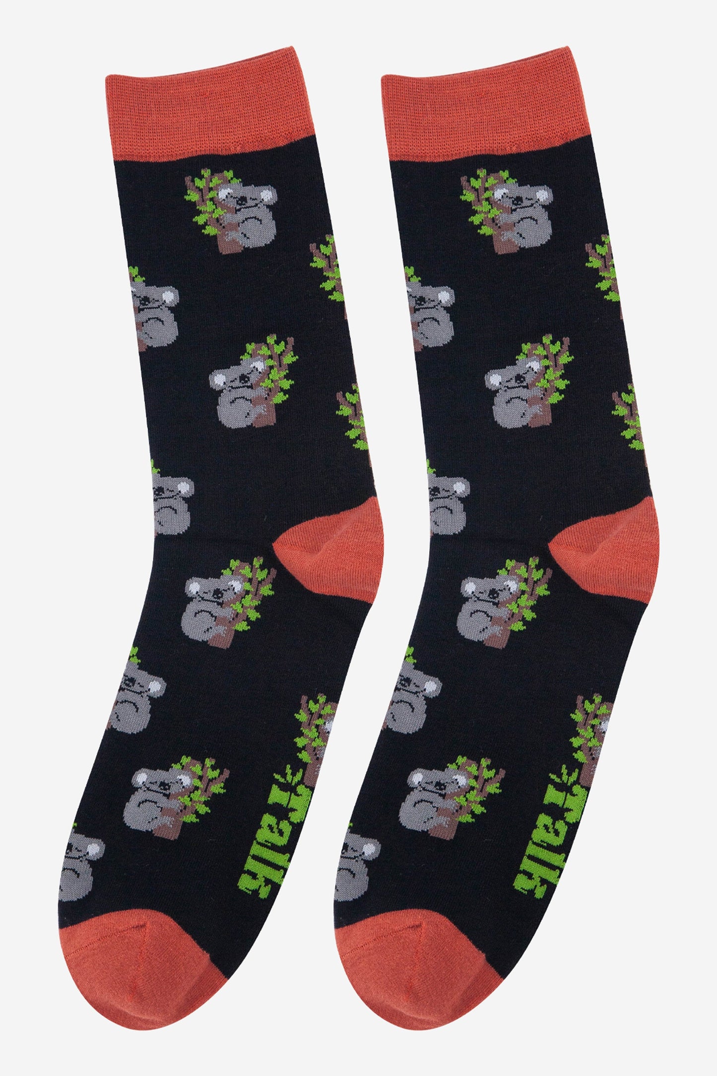mens black koala bamboo socks, featuring grey koala bears sleeping in trees