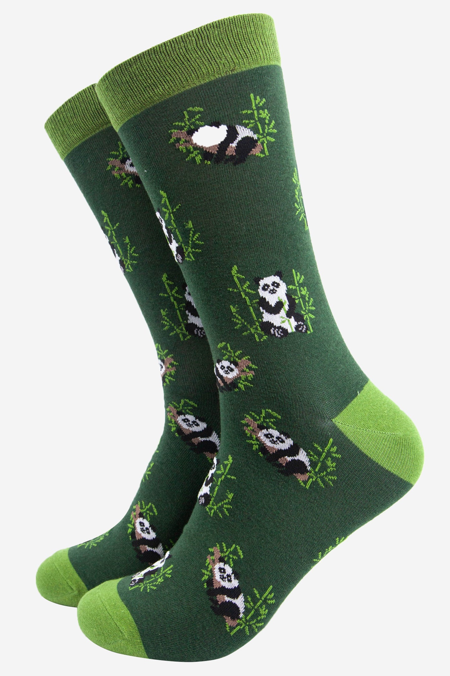 green bamboo dress socks featuring an all over panda and bamboo shoot pattern