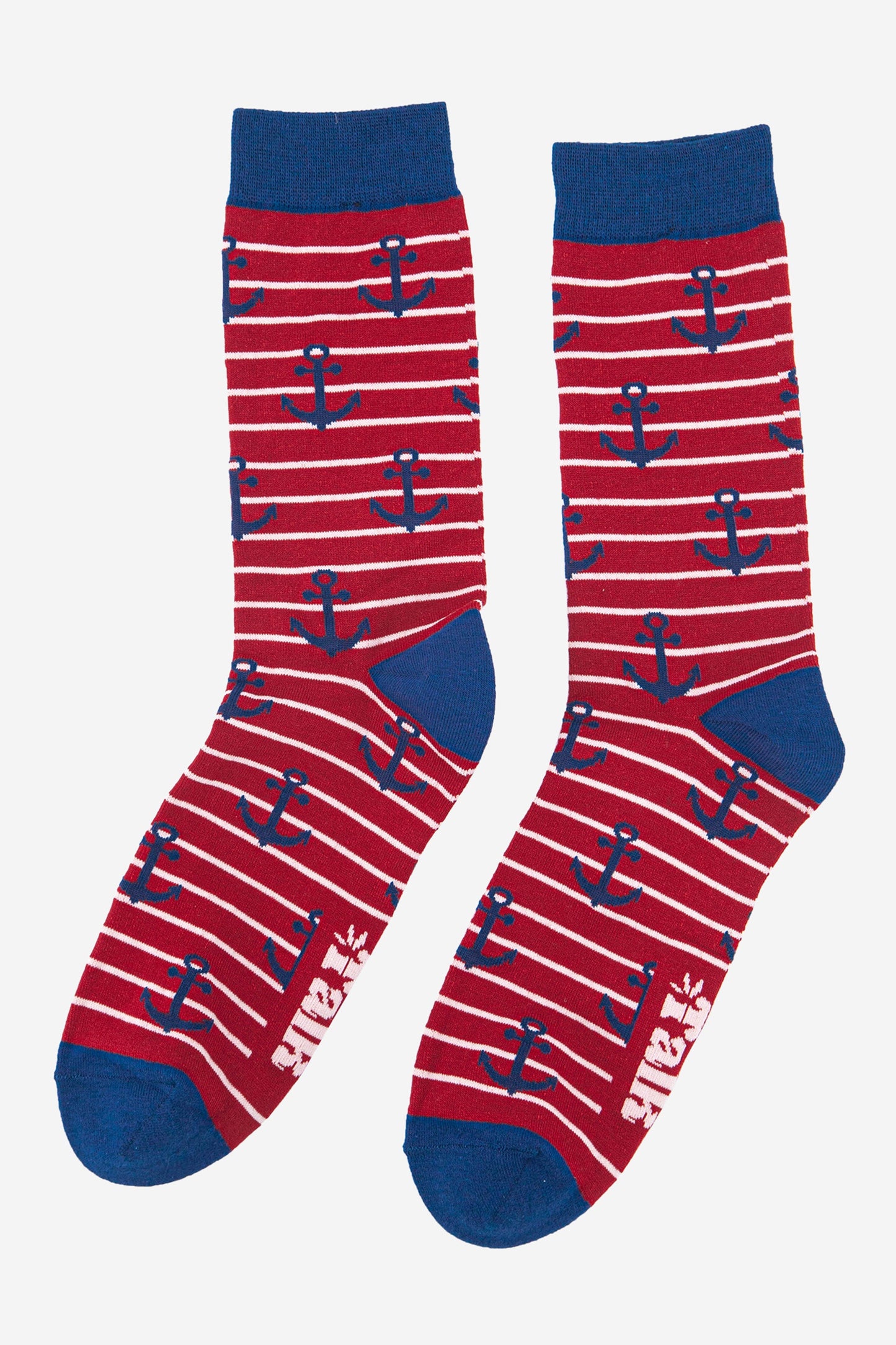 red and white striped socks with a blue anchor pattern and blue, heel, toe and cuff