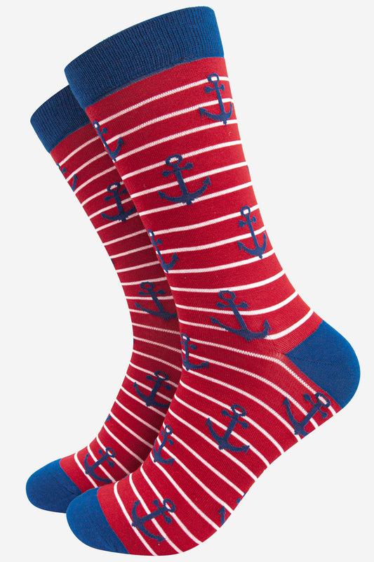 red and white striped bamboo socks with an all over blue nautical anchor pattern