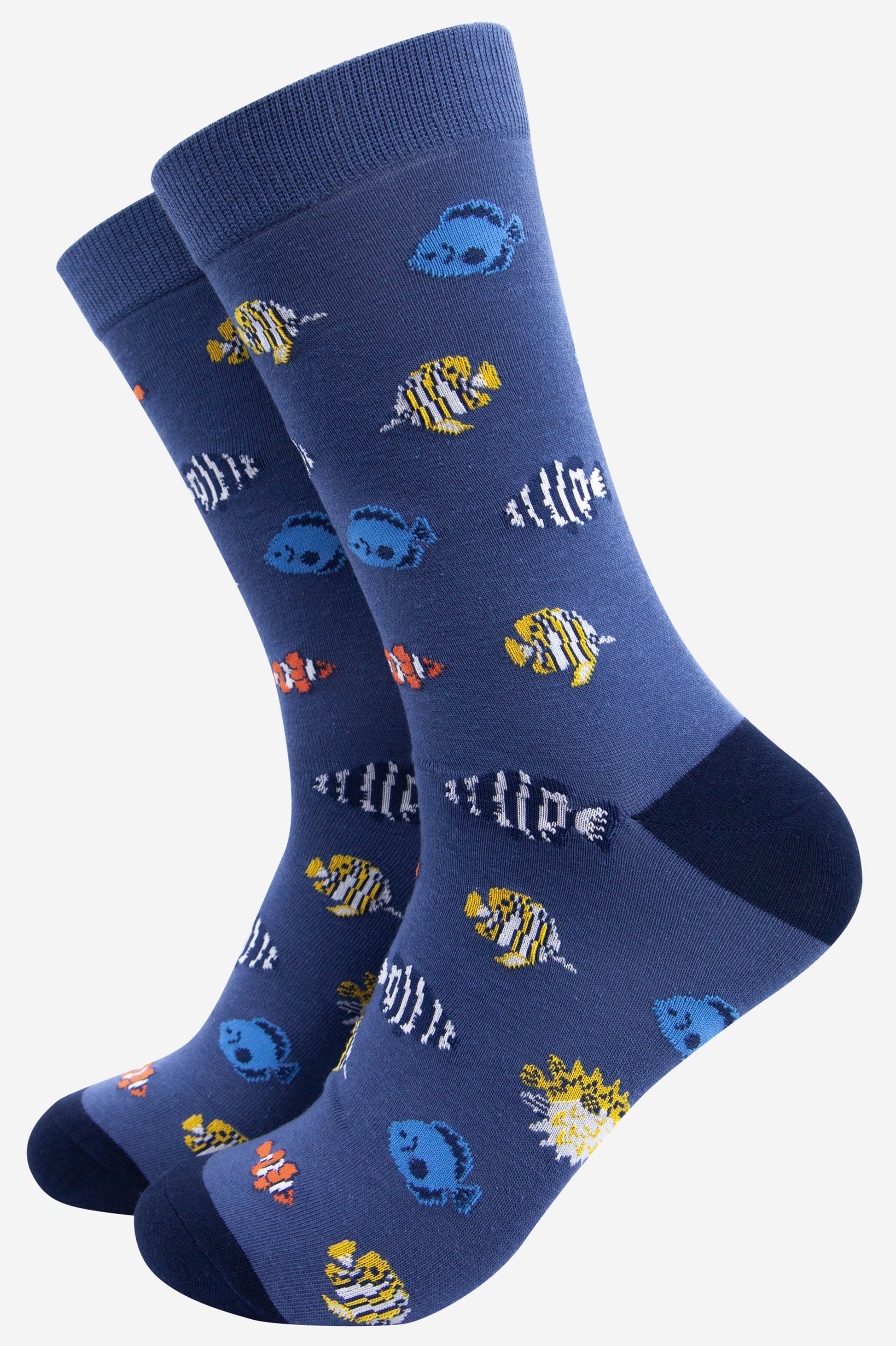 blue bamboo dress socks with an all over pattern of multicoloured tropical fish