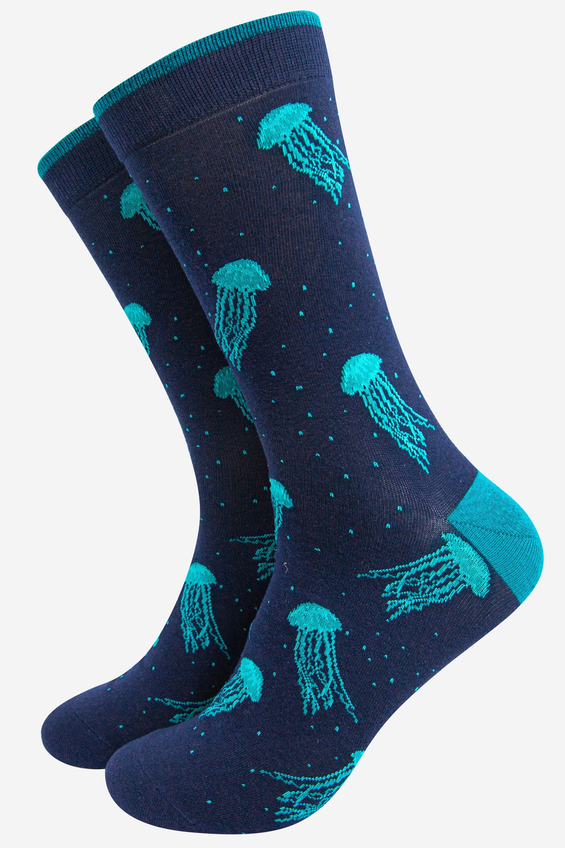 blue bamboo dress socks with an all over blue floating jellyfish pattern