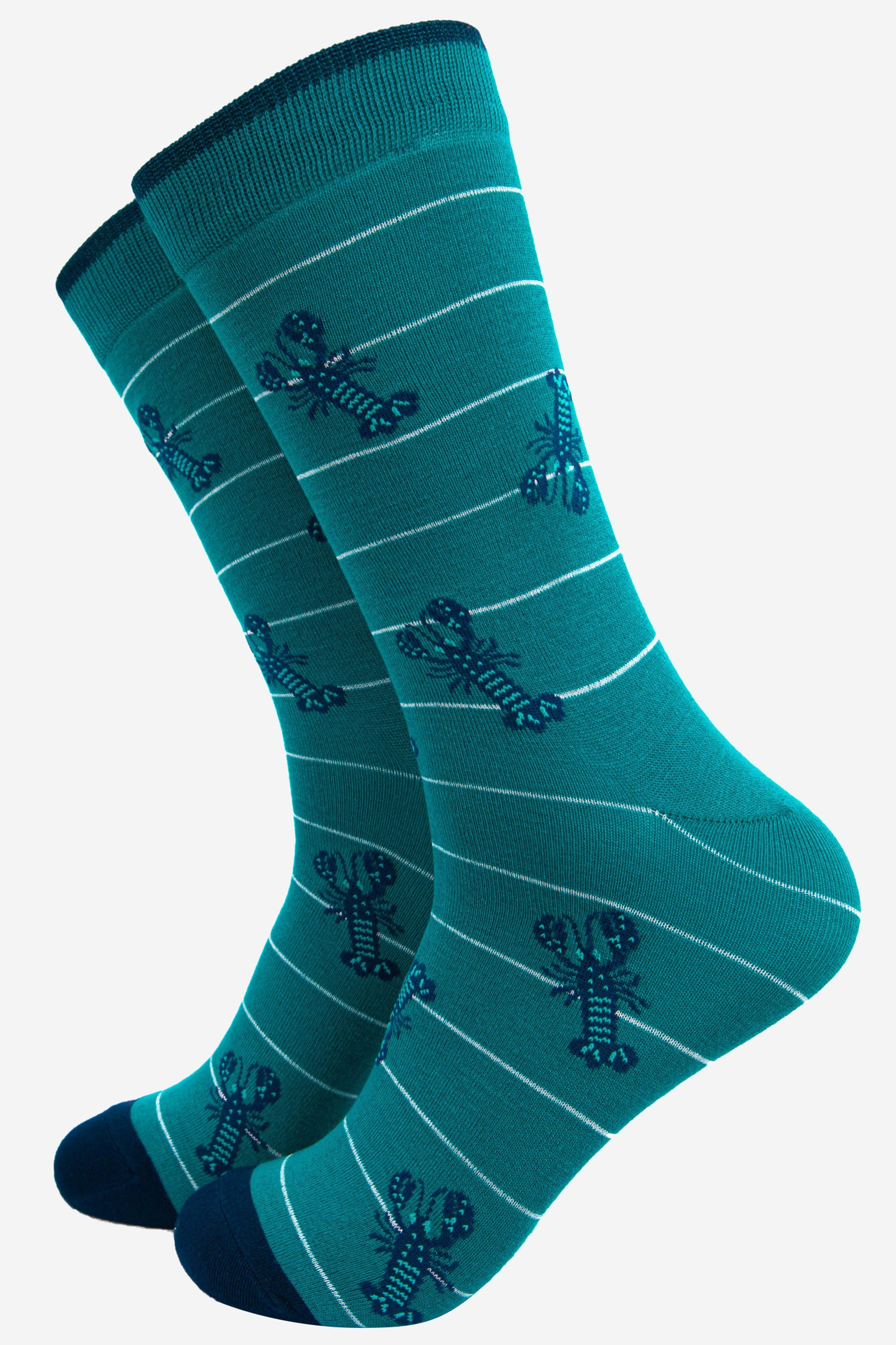 aqua blue mens bamboo dress socks with an all over blue lobster print and  white horizontal stripe pattern