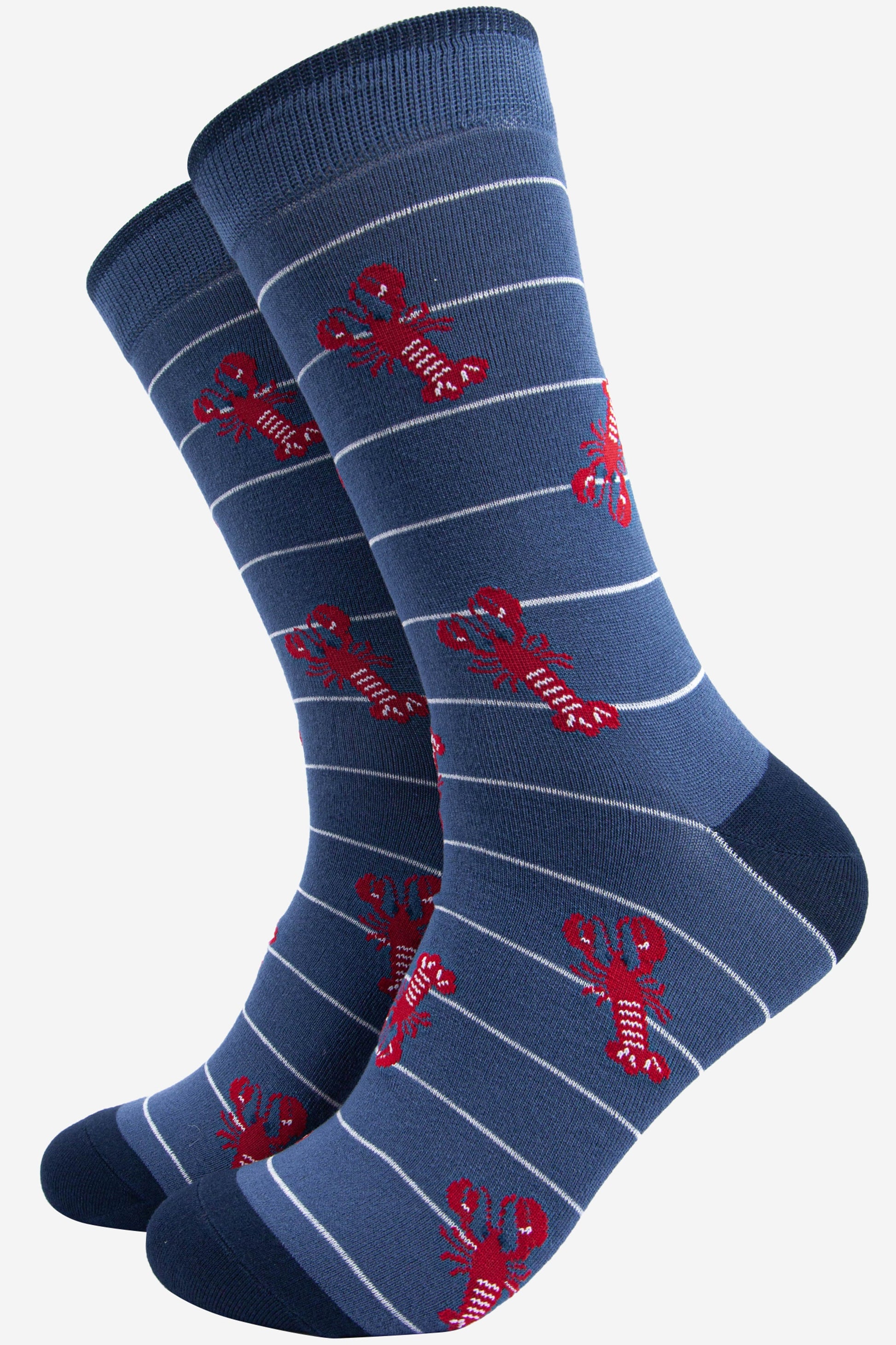denim blue bamboo dress socks with an all over red lobster and white horizontal pin stripe pattern