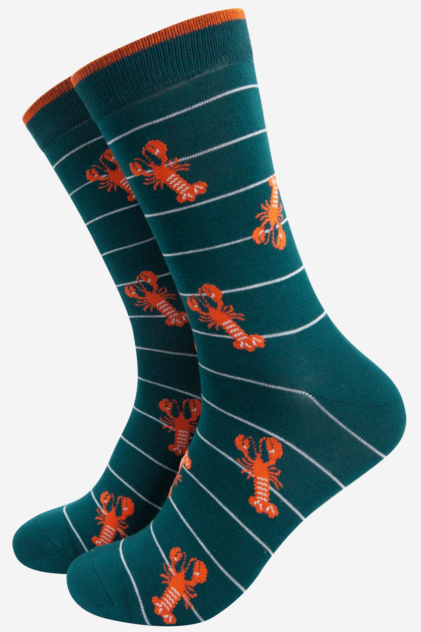 green socks with white horizontal stripes and an all over orange lobster pattern