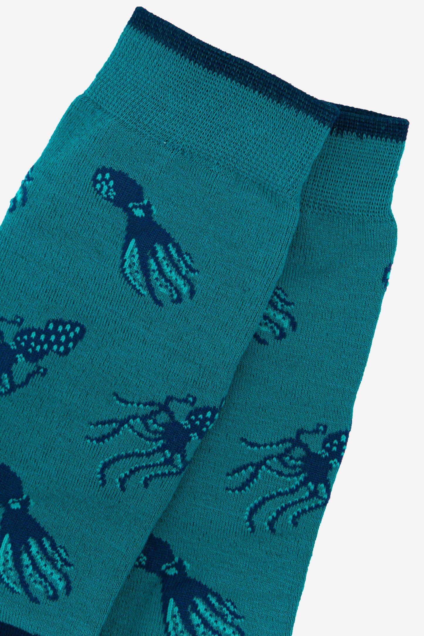 close up of the navy blue squid and octopus pattern on the bamboo socks