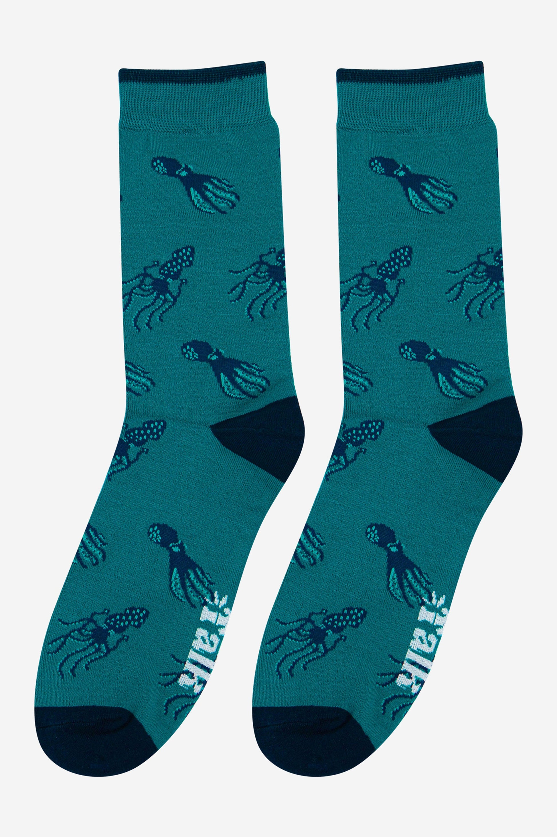 teal and navy blue mens bamboo socks with a pattern of octopus and squid