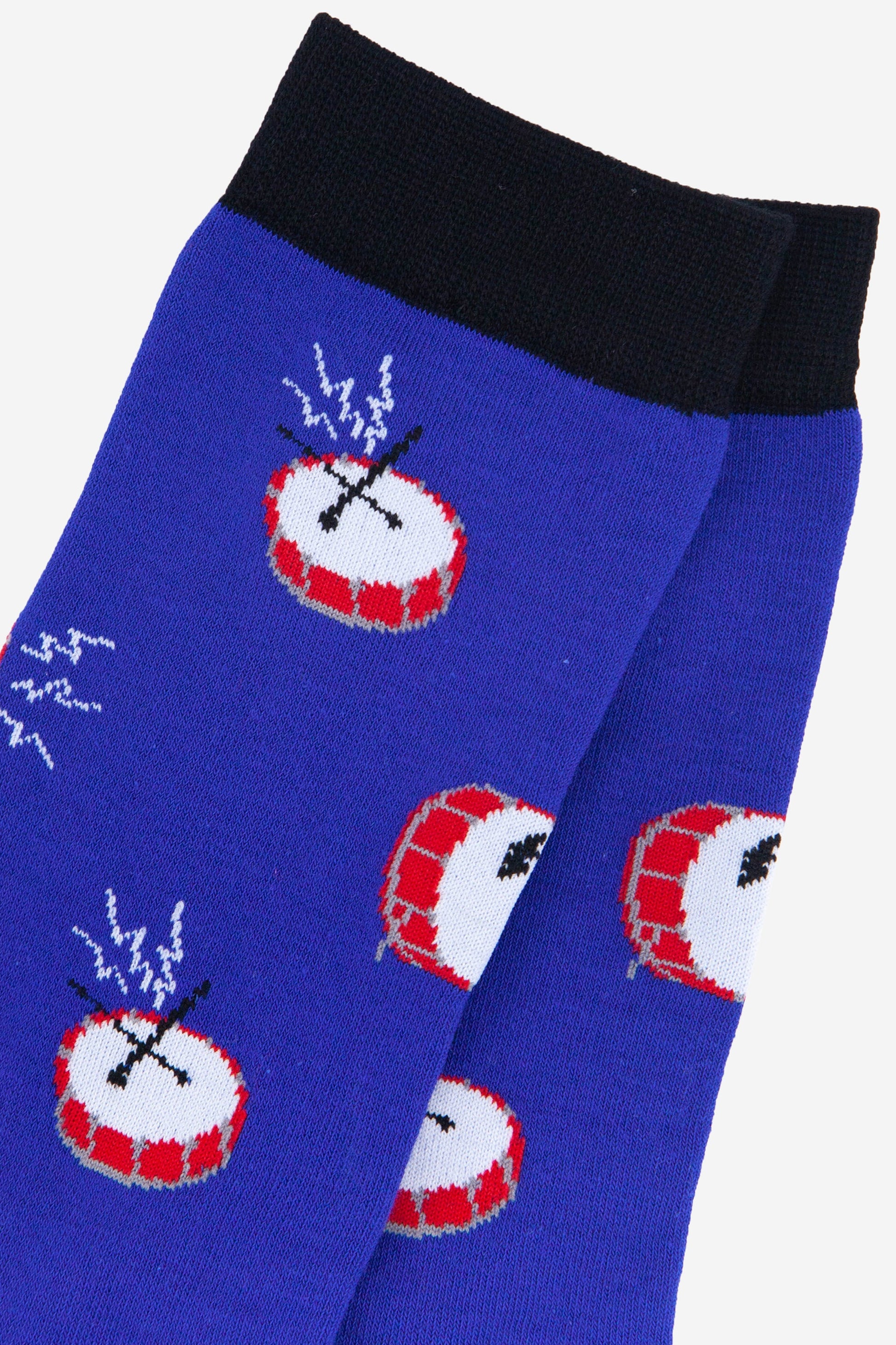 close up of the drum pattern on the blue bamboo dress socks