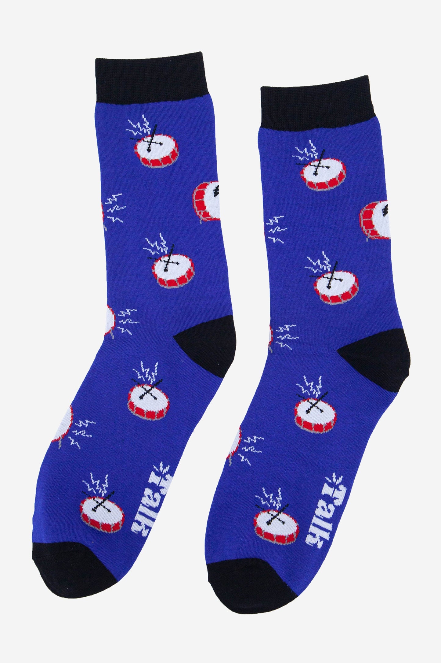 mens blue drummer socks with an all over pattern of banging drums