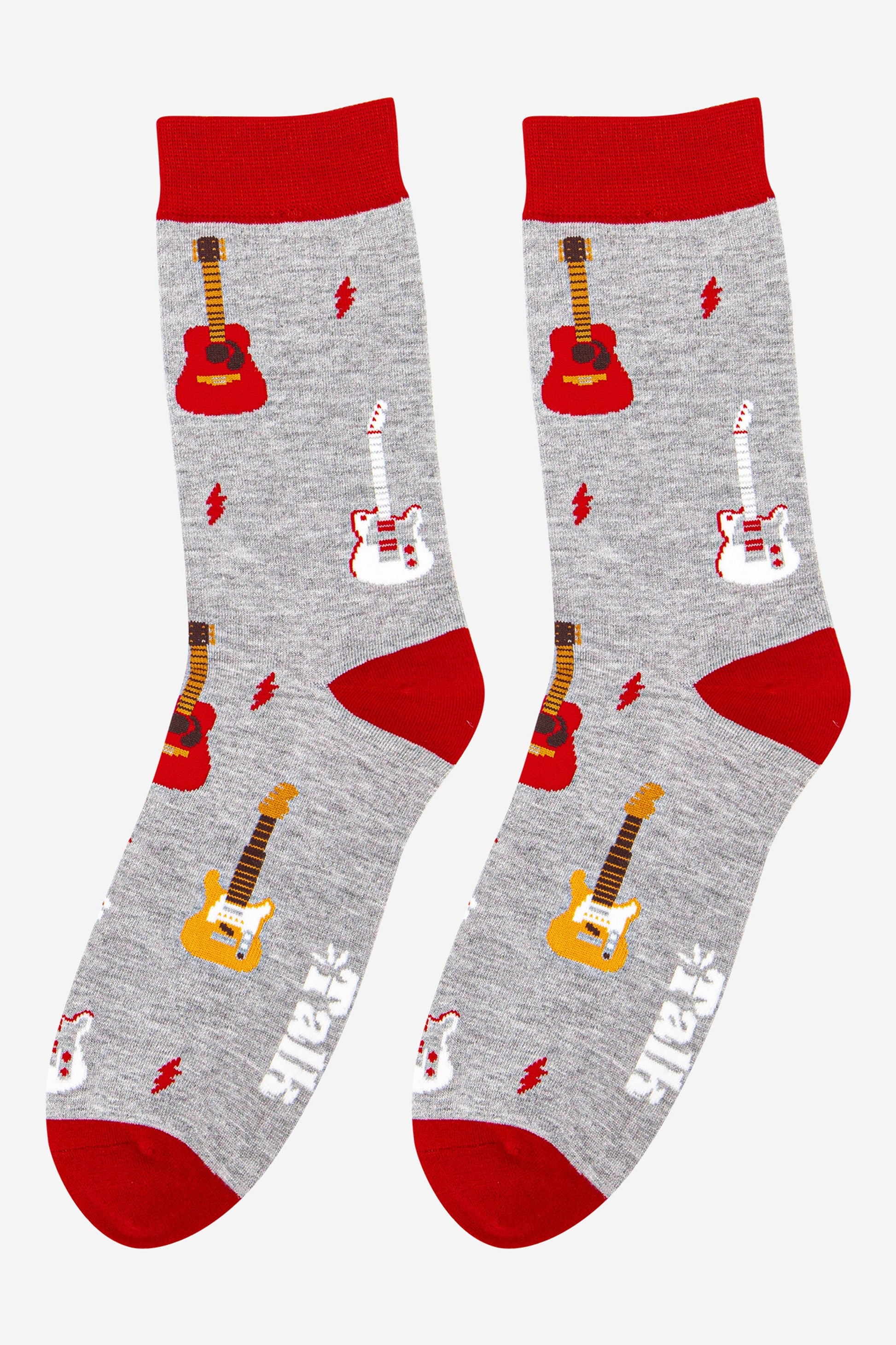 mens grey and red guitar print music socks