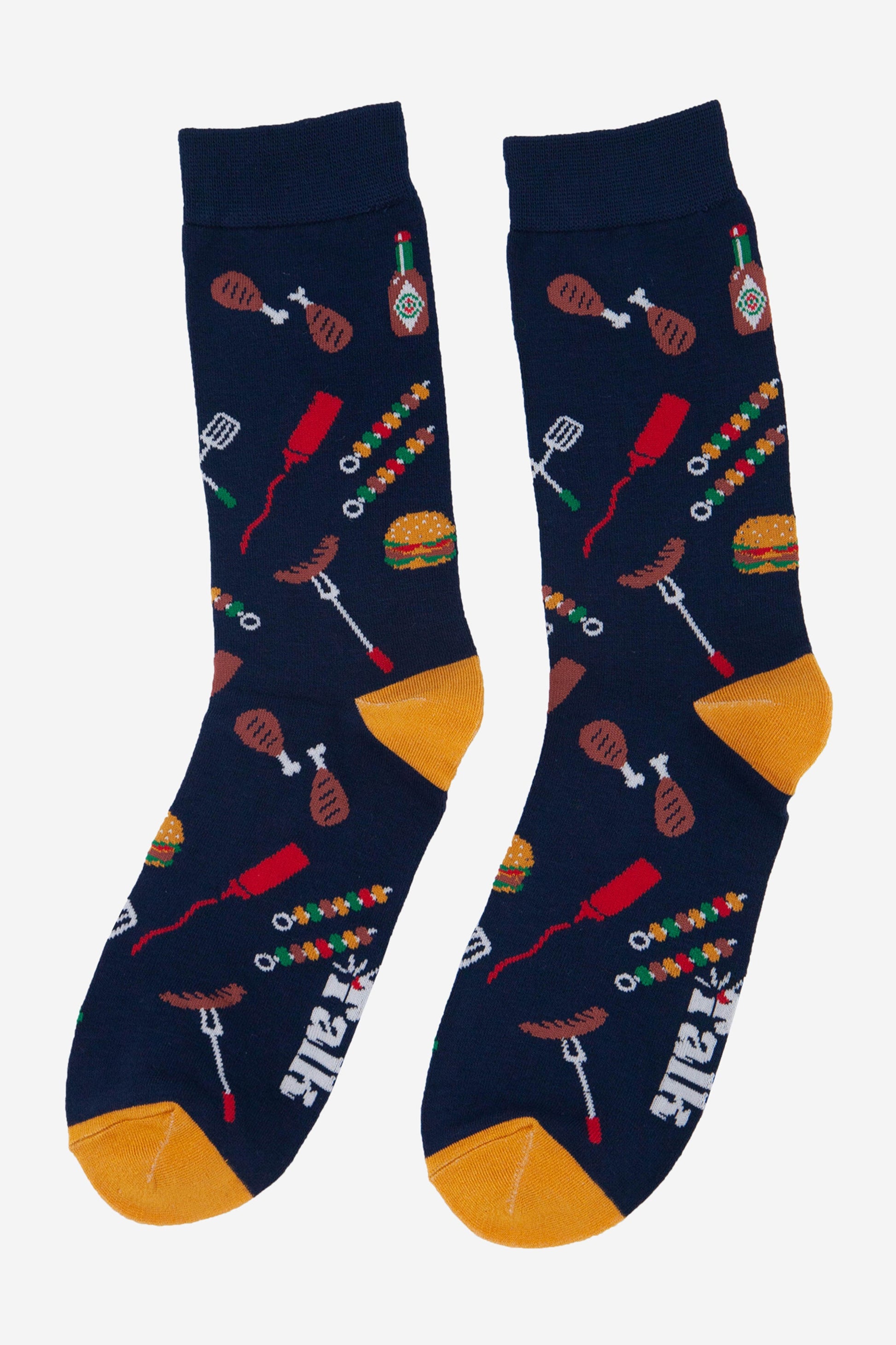 mens barbecue food socks in navy blue and yellow