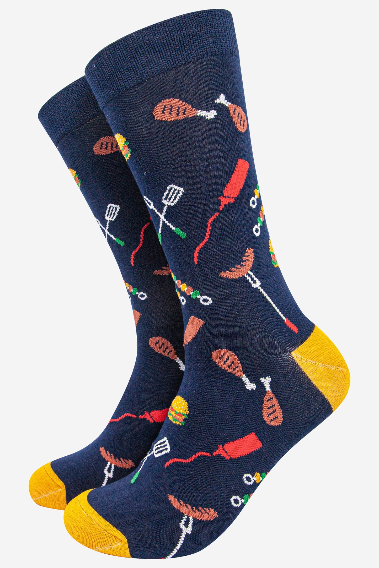 navy blue dress socks featuring a bbq grill with kebabs and burgers
