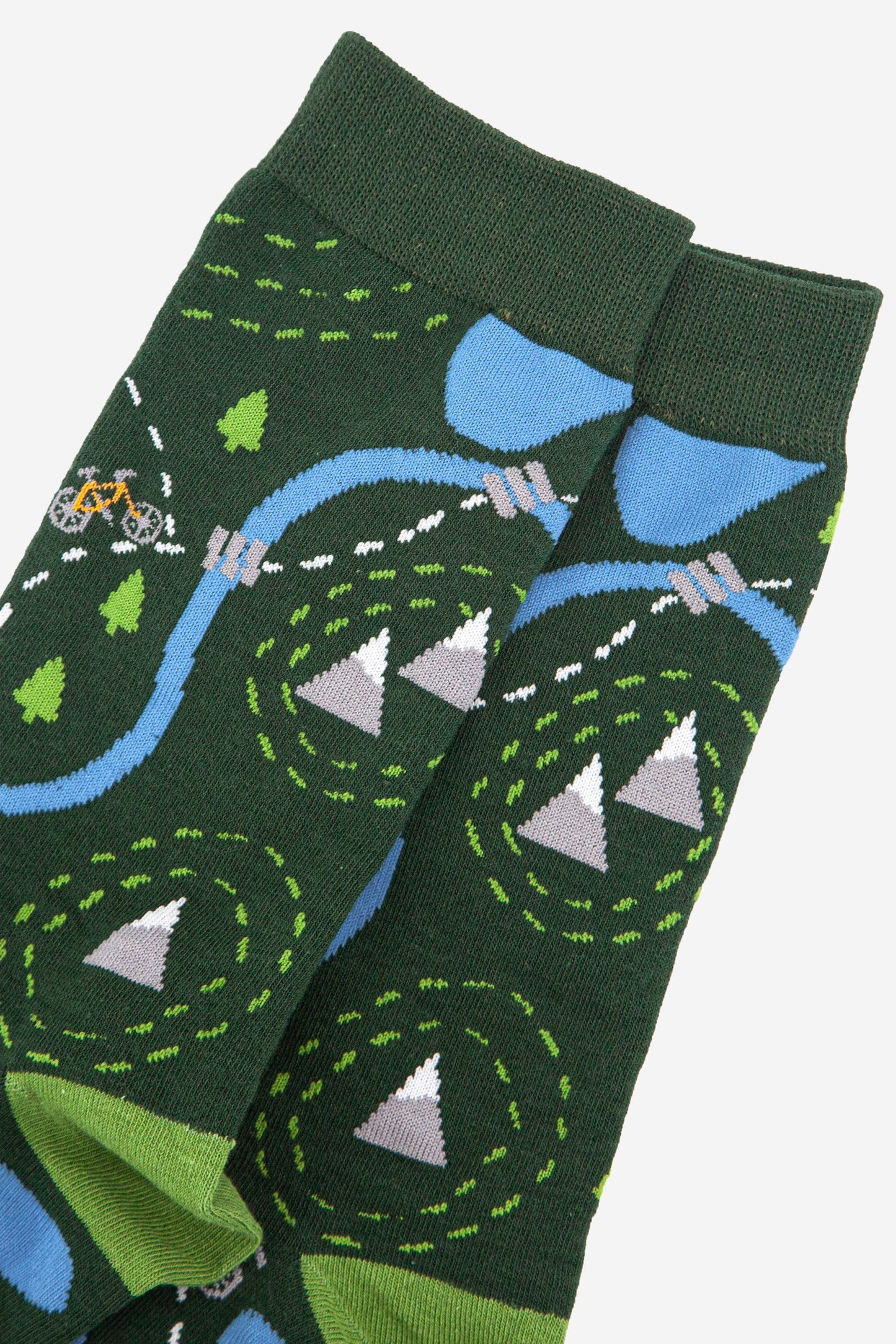 close up of the cycling route map pattern on the bamboo socks