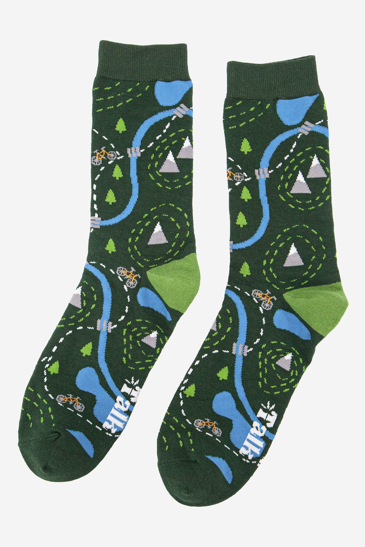 mens mountain bike themed bamboo socks, designed to look like a biking trail these bamboo socks also feature lakes, mountains and rivers