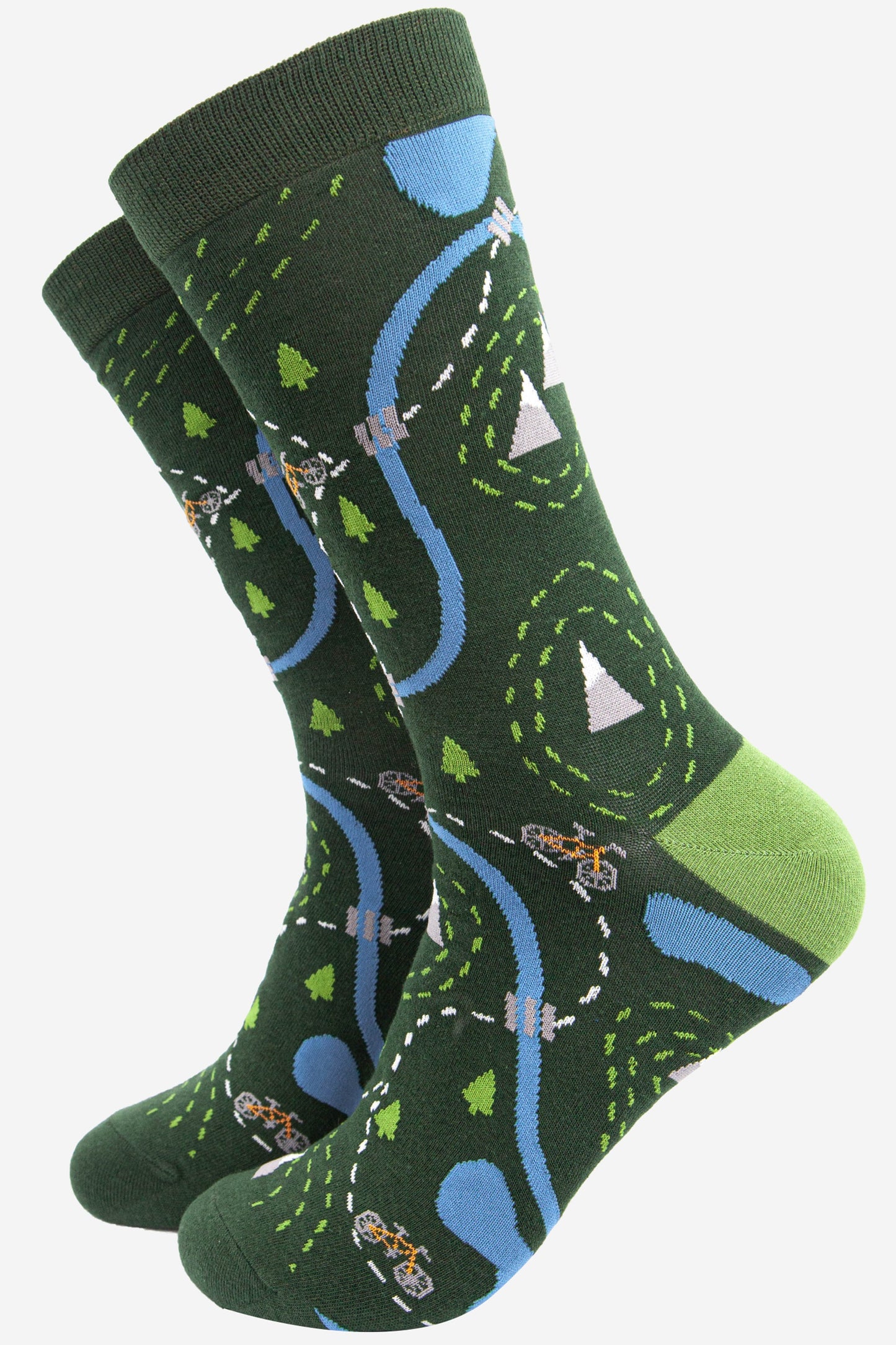 green bamboo socks designed to look like a biker route map featuring a yellow mountain bike, trees and mountains