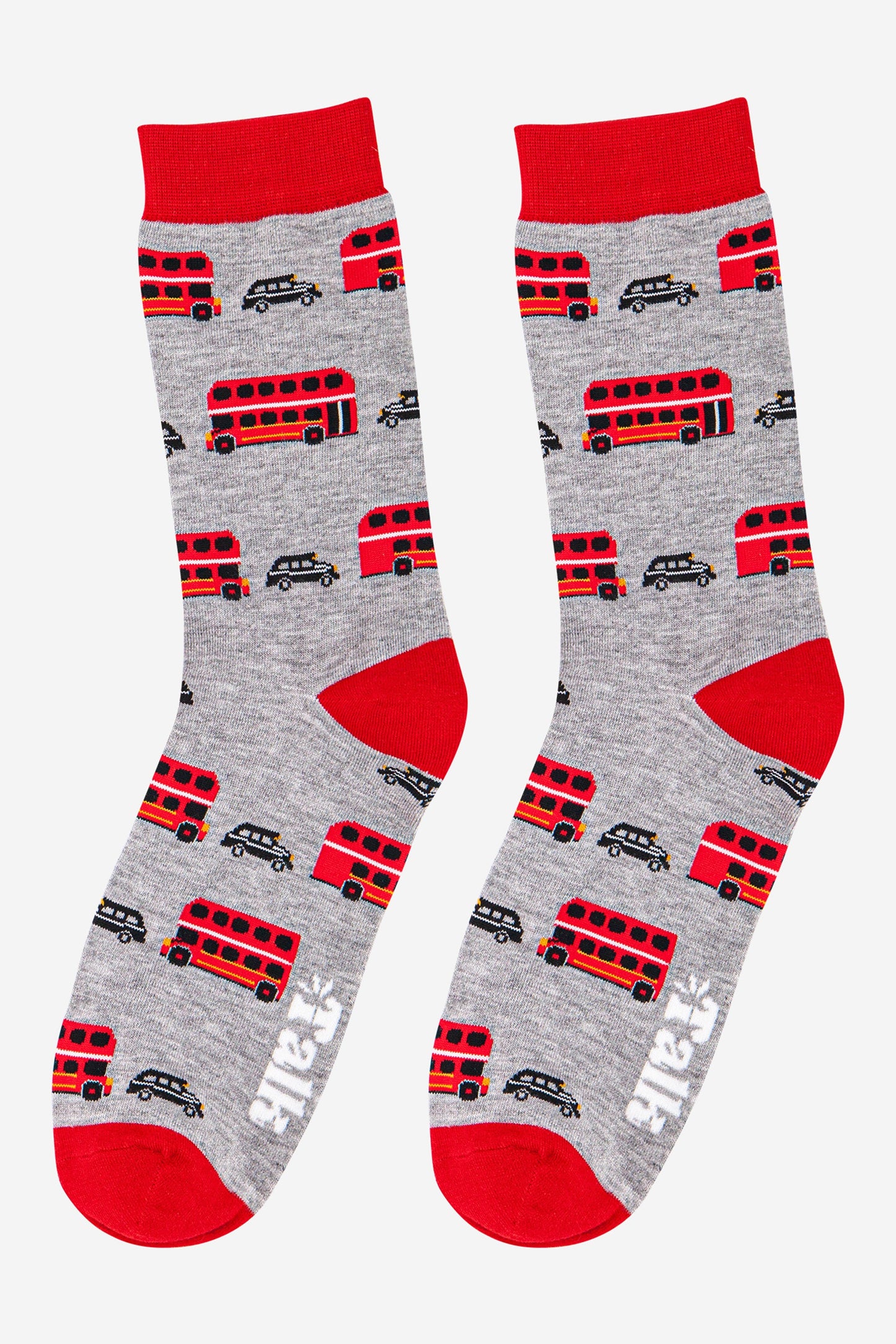 grey and red socks with a pattern featuring black London taxis and red double decker buses