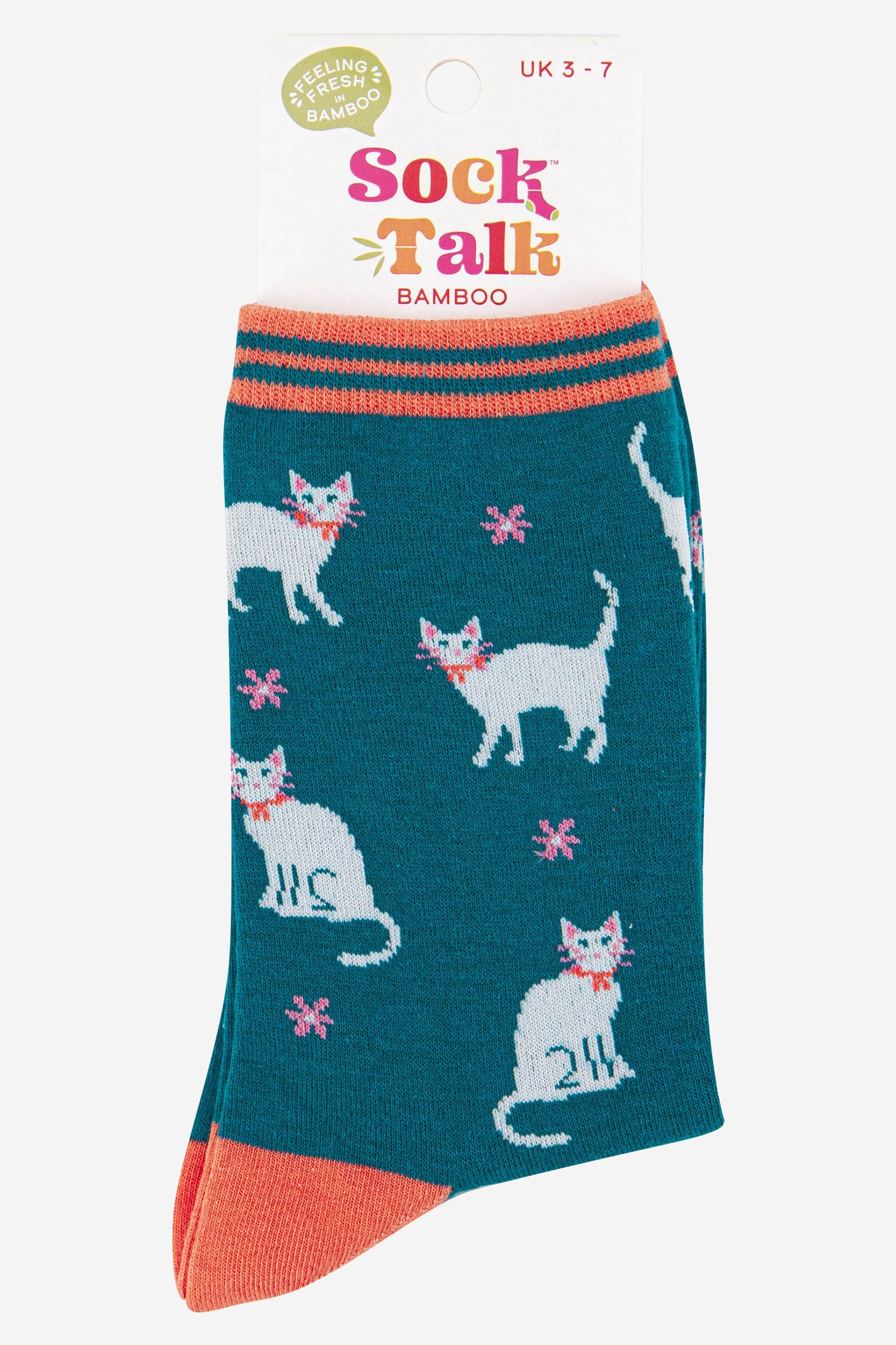 teal ankle socks with white cats and pink flowers