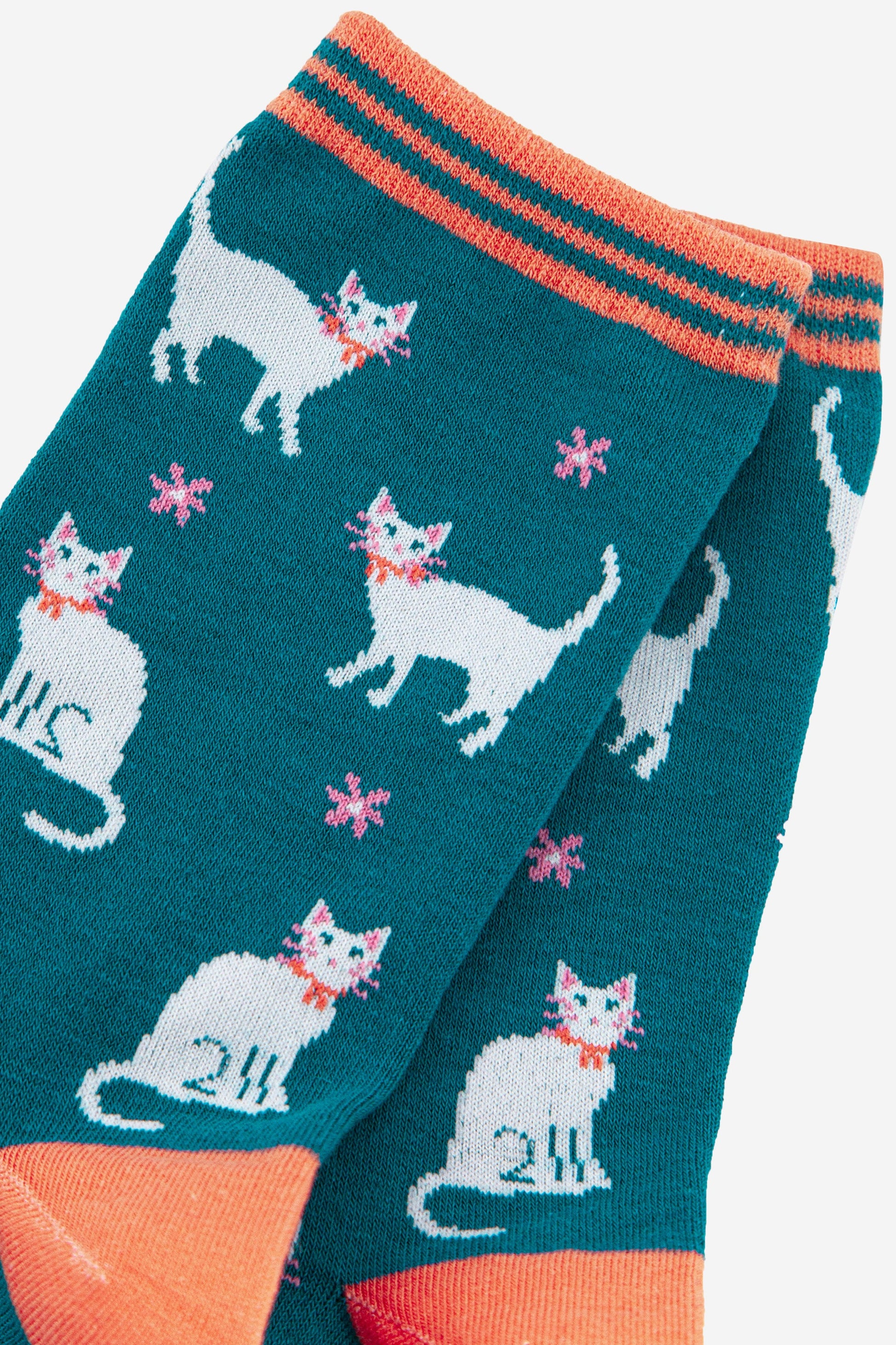 close up of the white cat pattern on the bamboo novelty socks