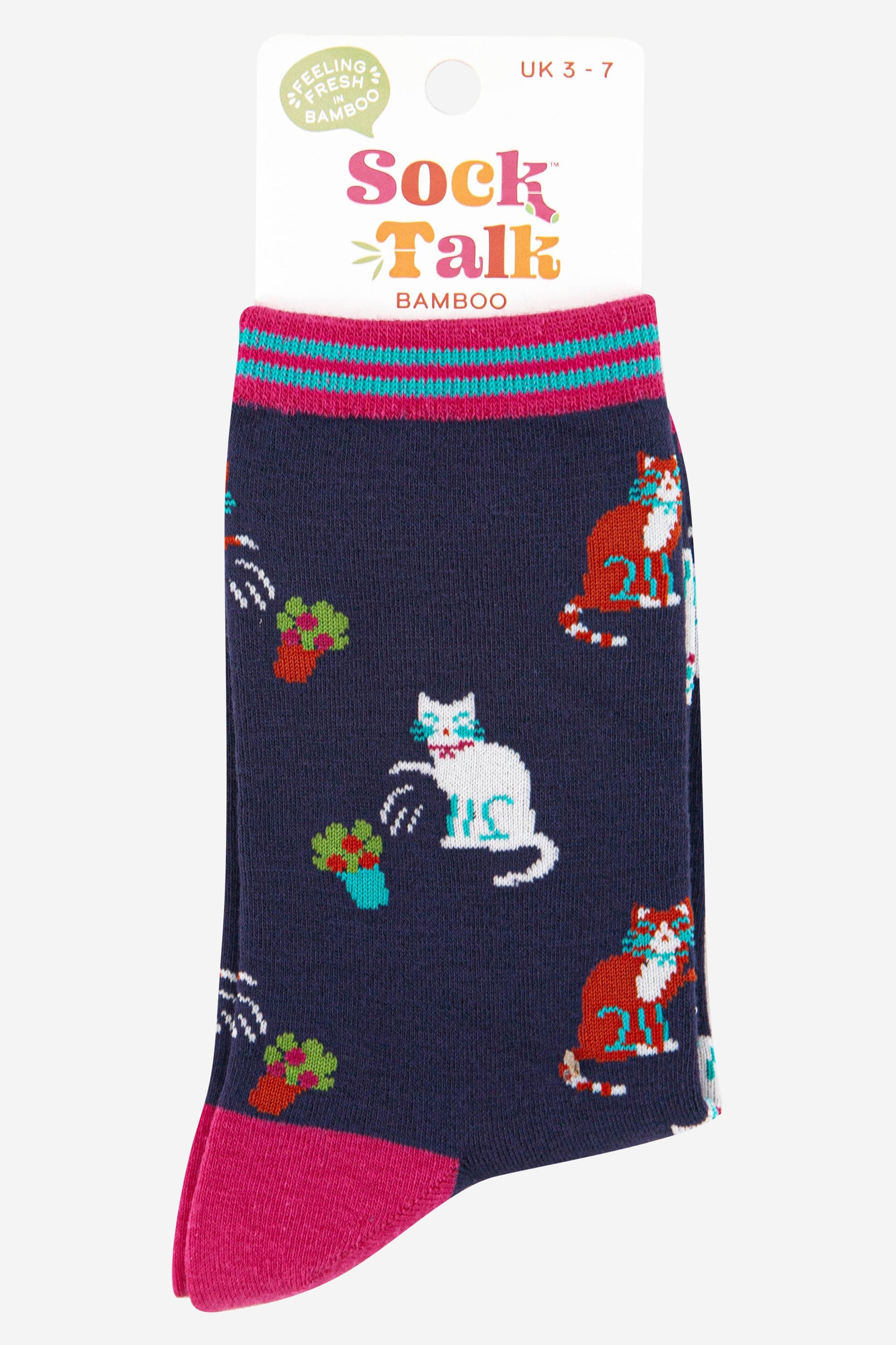 cat and flower pot bamboo novelty socks in navy blue and pink