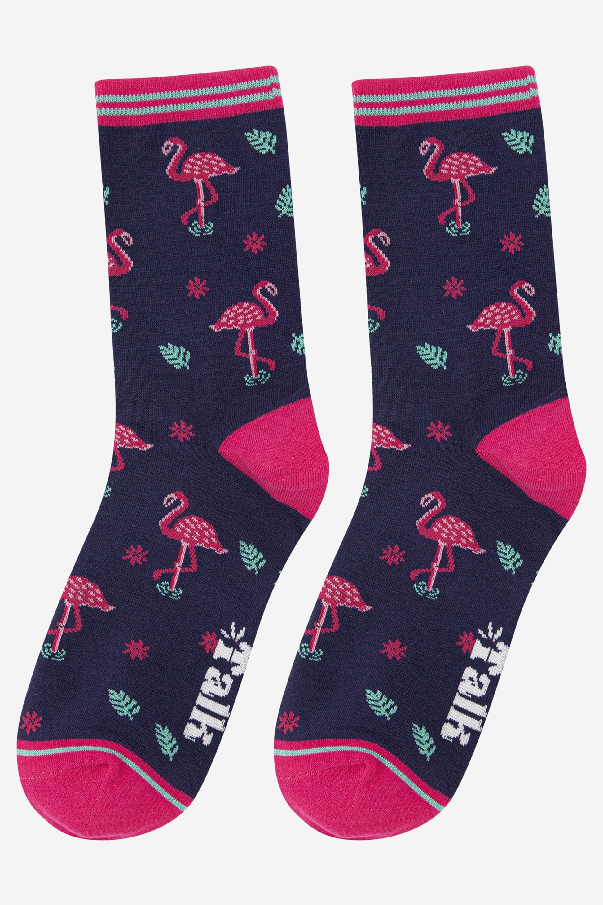 navy blue and pink flamingo bird print ankle socks, the socks feature pink flamingos and green jungle leaves