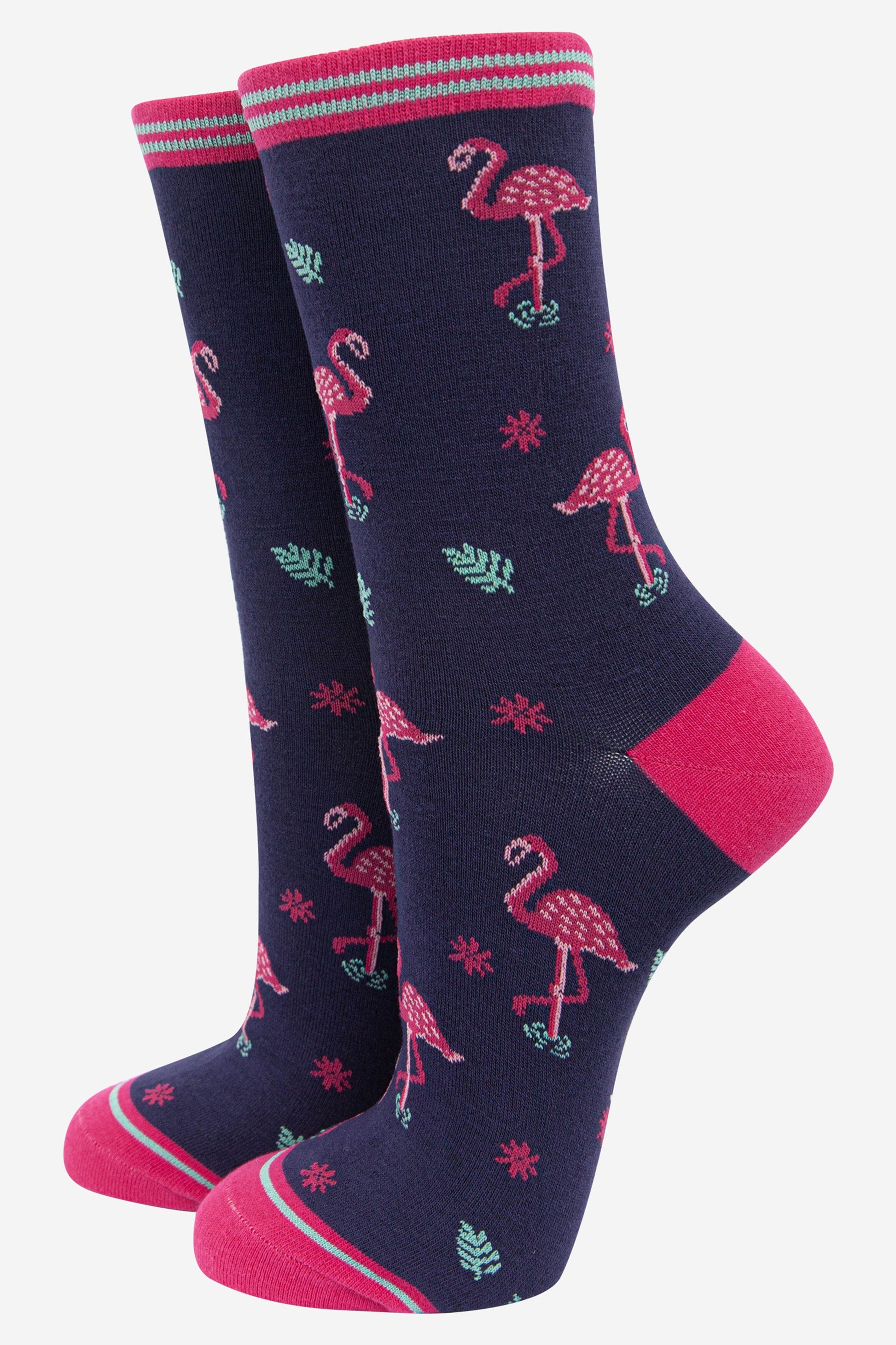 navy blue and pink flamingo print bamboo socks