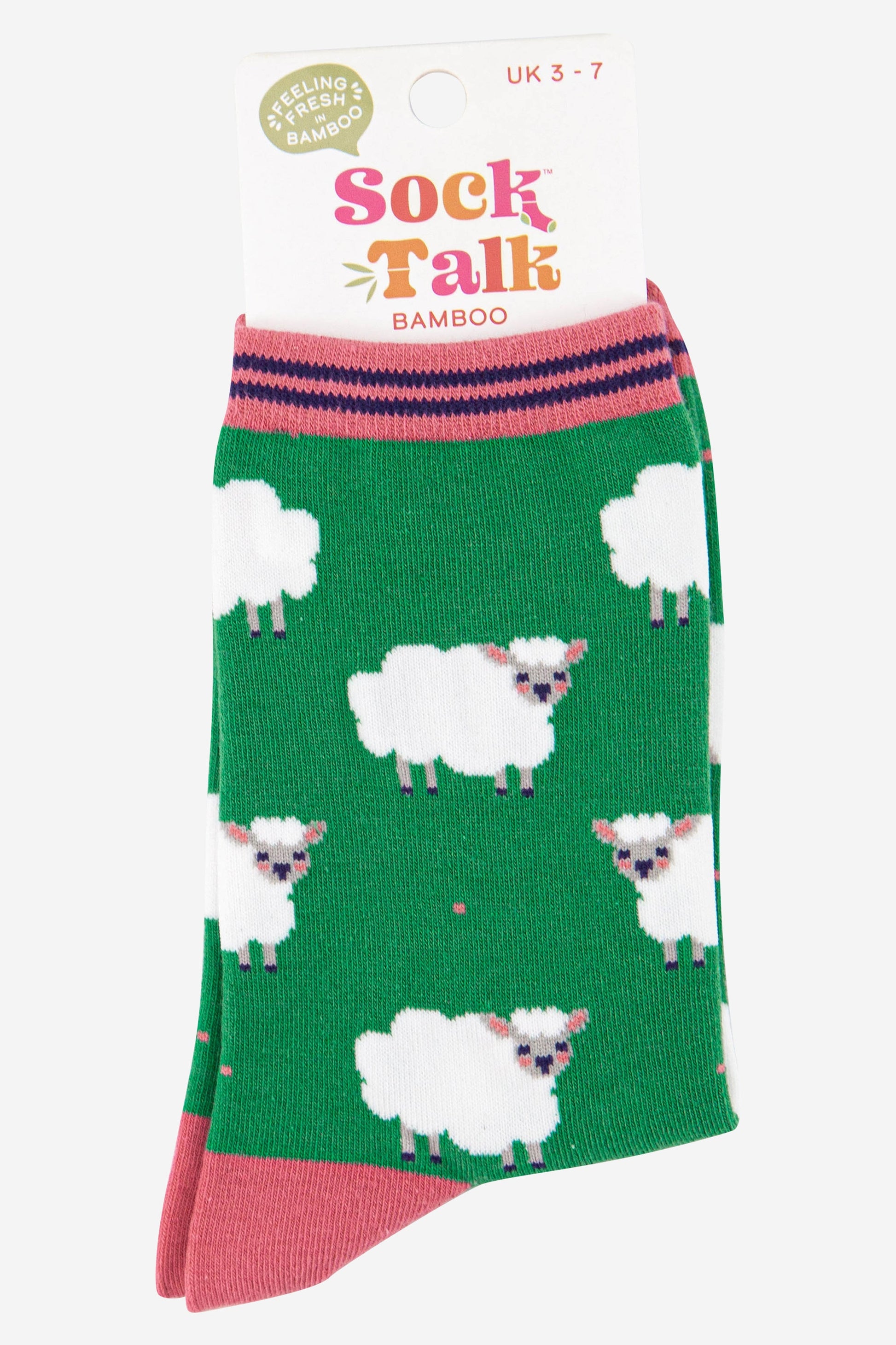 womens bamboo sheep socks in green and pink uk size 3-7