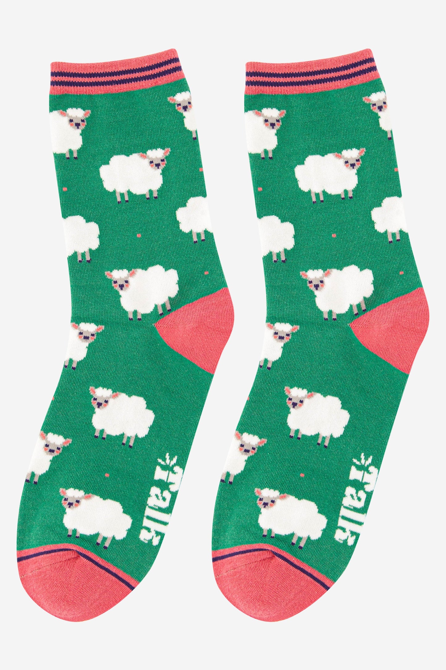 green, pink and  white spring lamb woollly sheep pattern bamboo ankle socks.