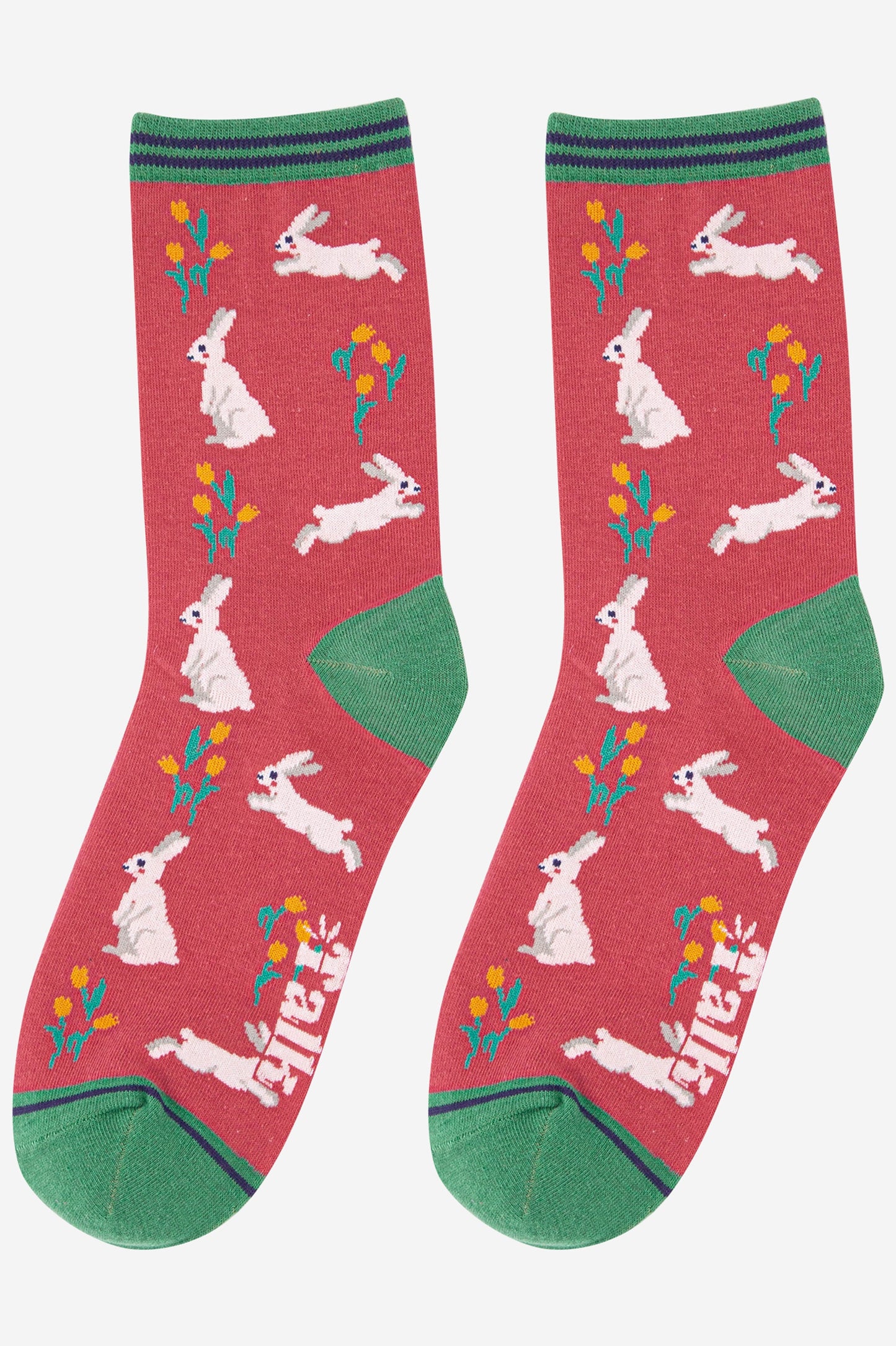 red and green bamboo socks with an all over white bunny rabbit pattern 