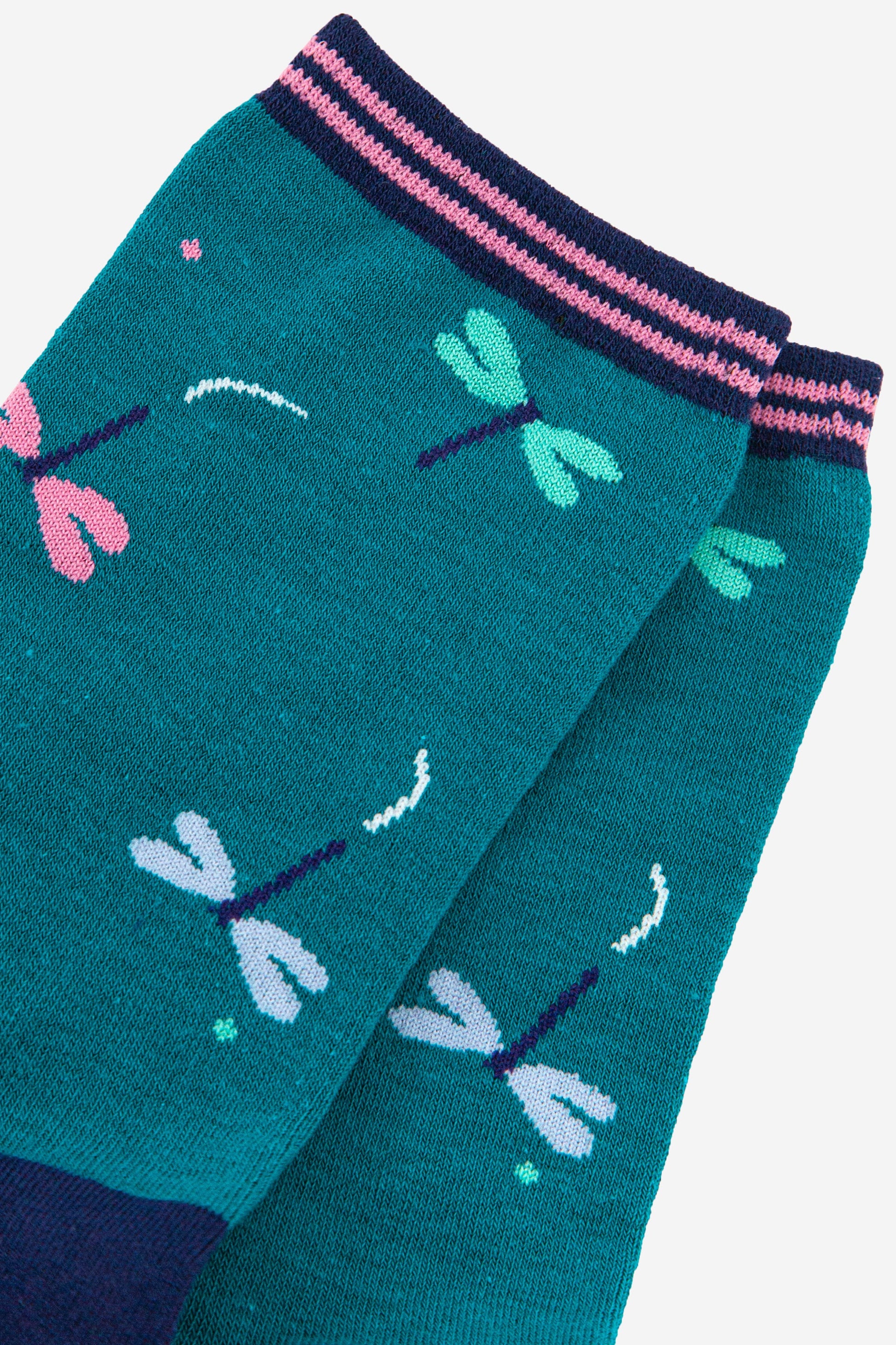 close up of the dragonfly pattern on these ladies ankle socks