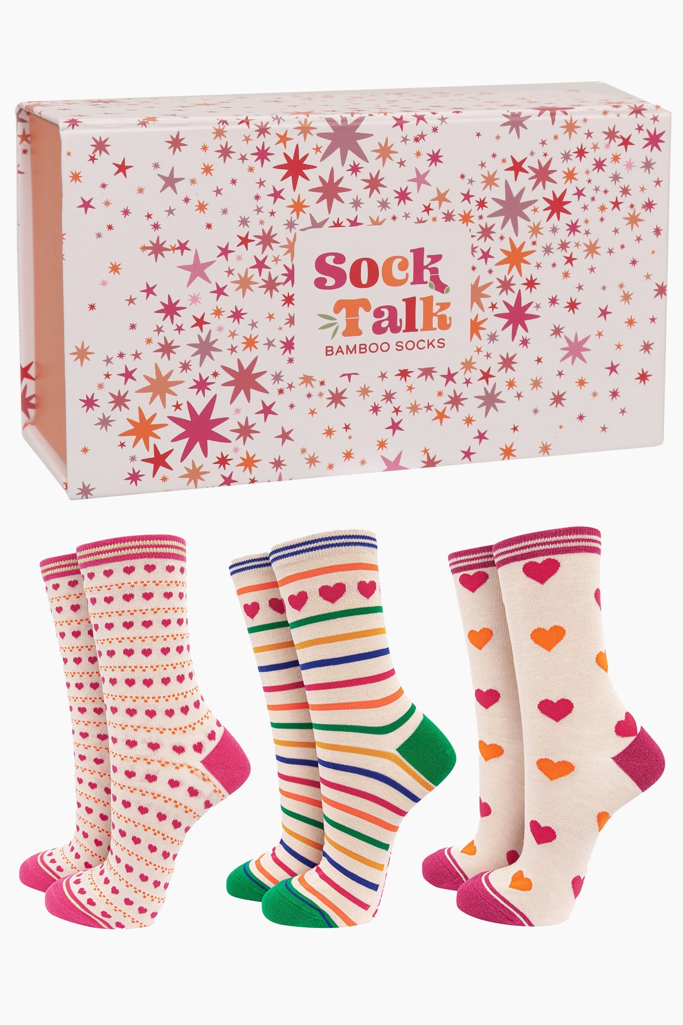 white gift box with an all over pink scattered star print containing three pairs of colourful bamboo socks featuring love hearts, spots and stripes