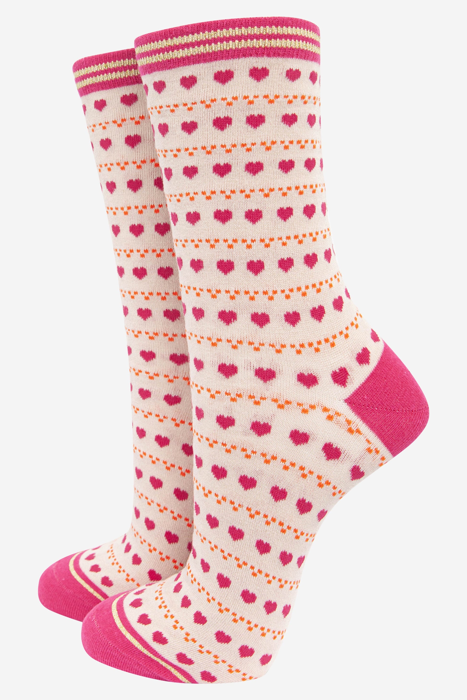 cream and pink ankle socks with an all over pink love heart and orange dot pattern