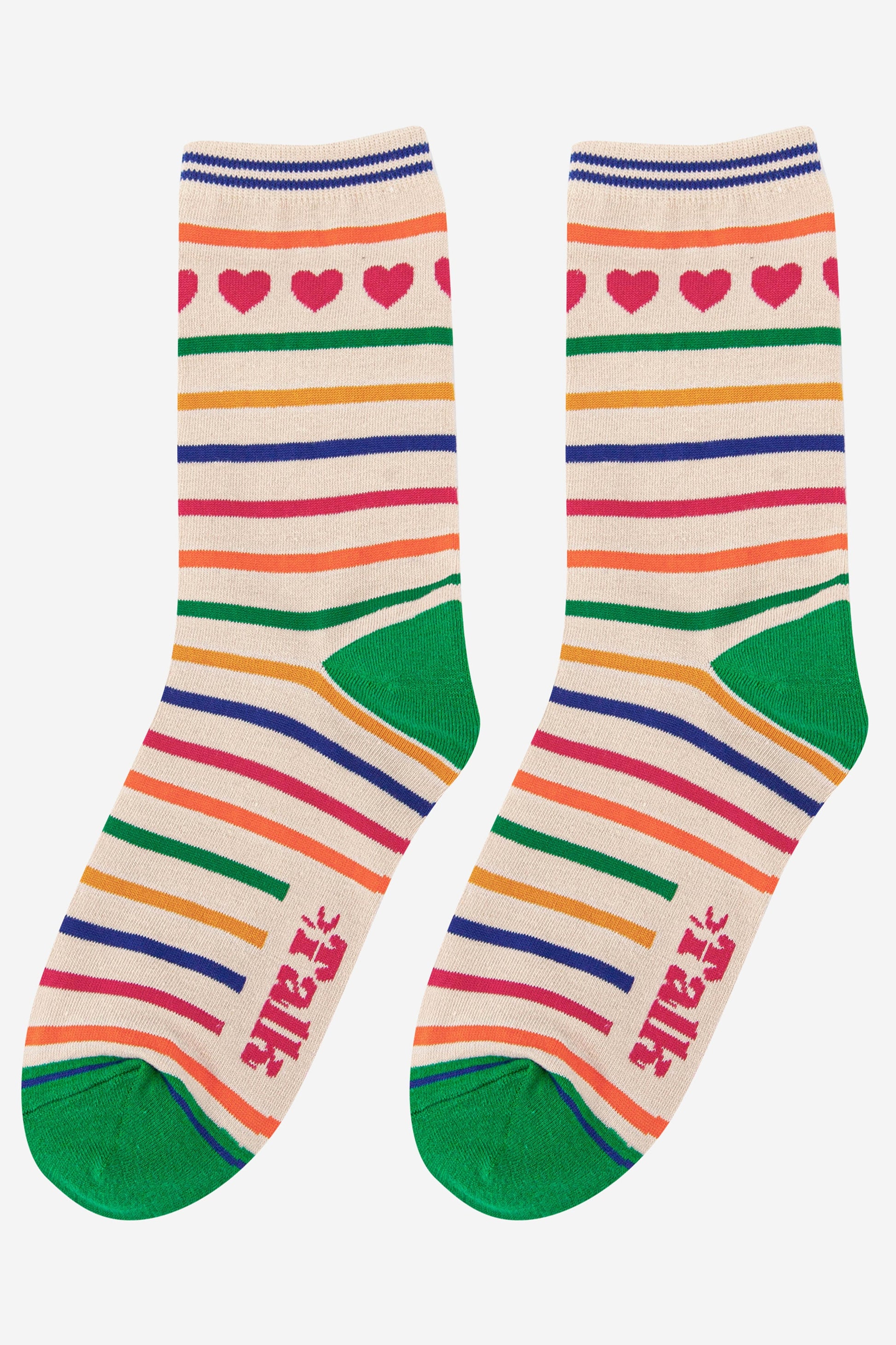 multicoloured rainbow stripe bamboo socks with love hearts