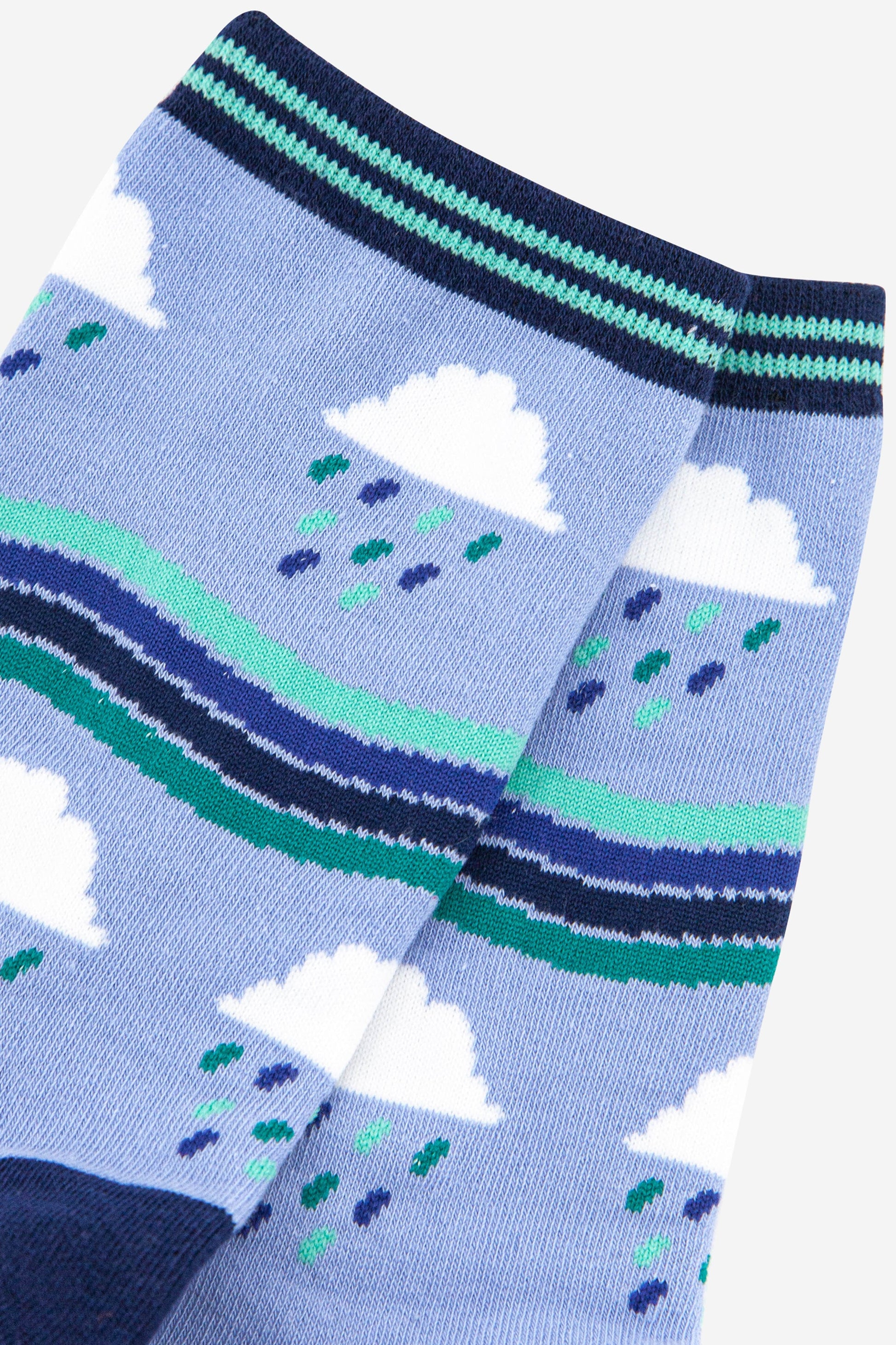 close up of the all over rain cloud and stripe pattern and striped cuff detail