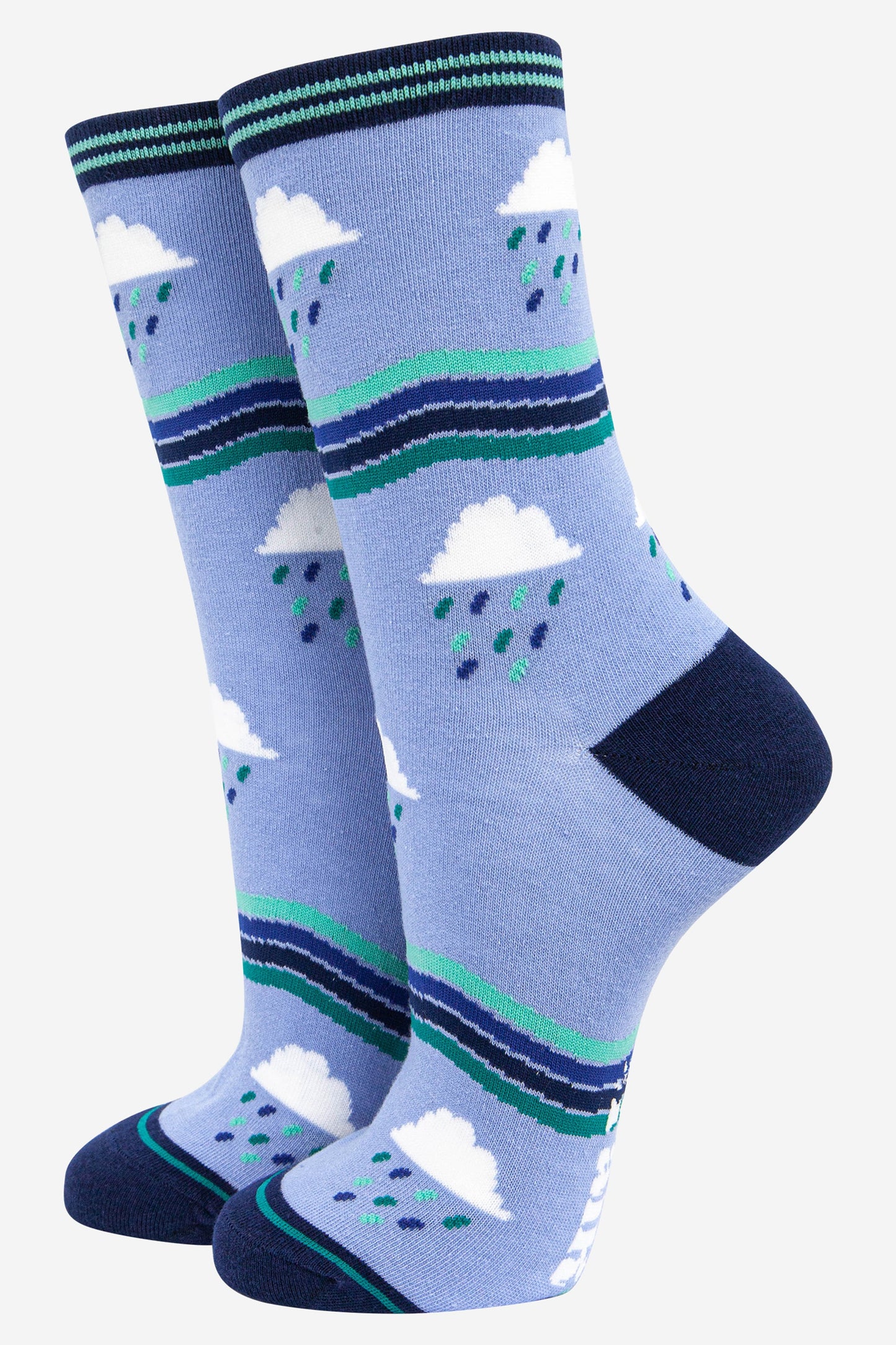 blue bamboo socks featuring rain clouds and wavy stipes