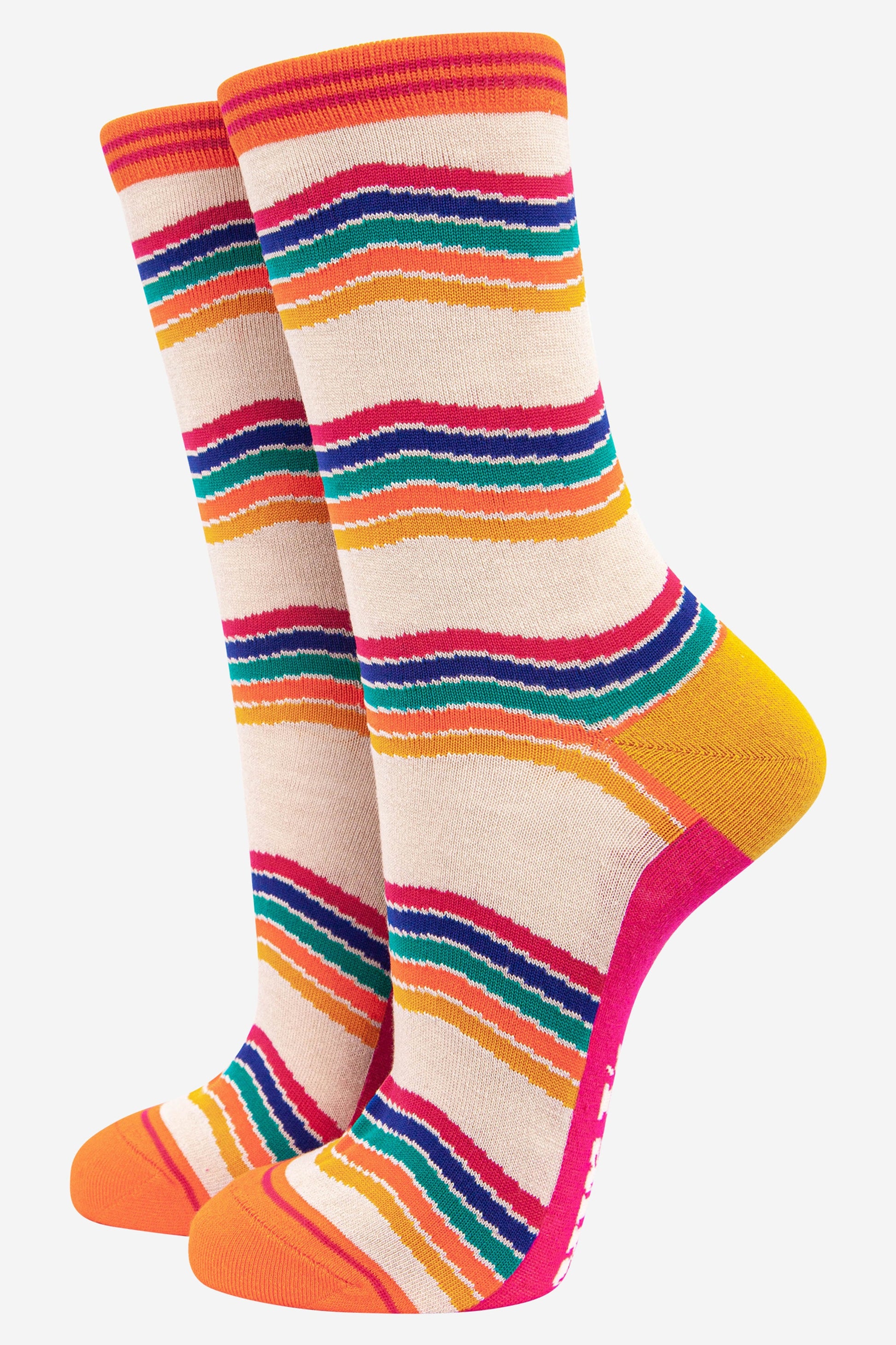 cream and multicoloured bamboo ankle socks with a wavy rainbow print
