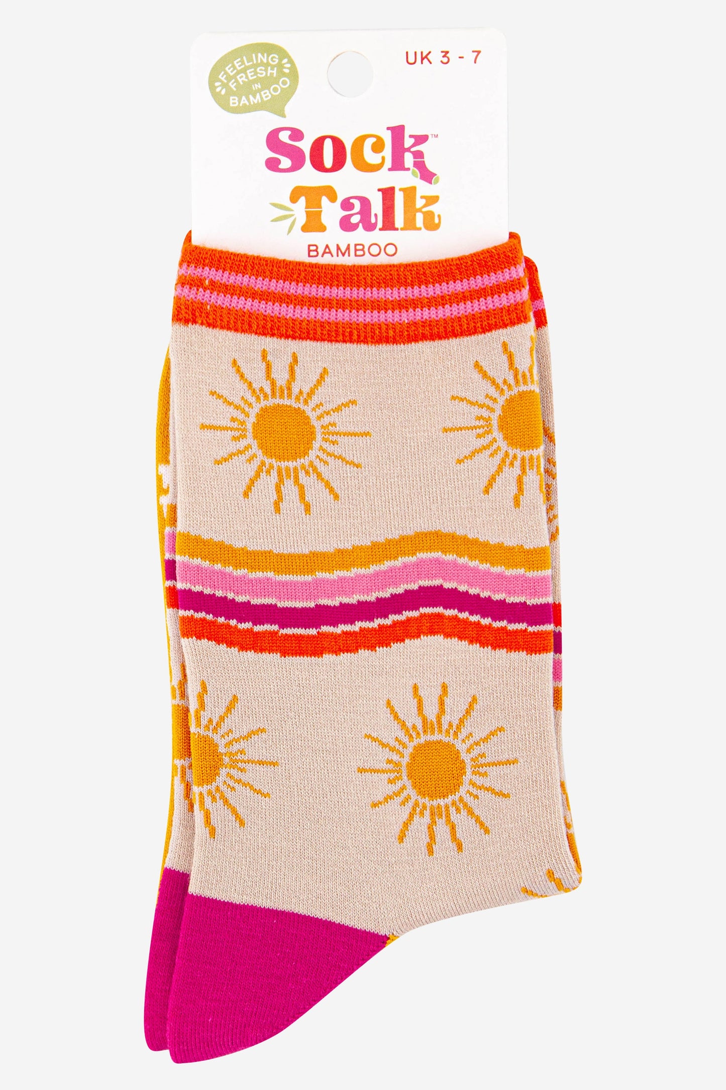 womens sunshine weather bamboo socks featuring yellow suns and colourful stripes