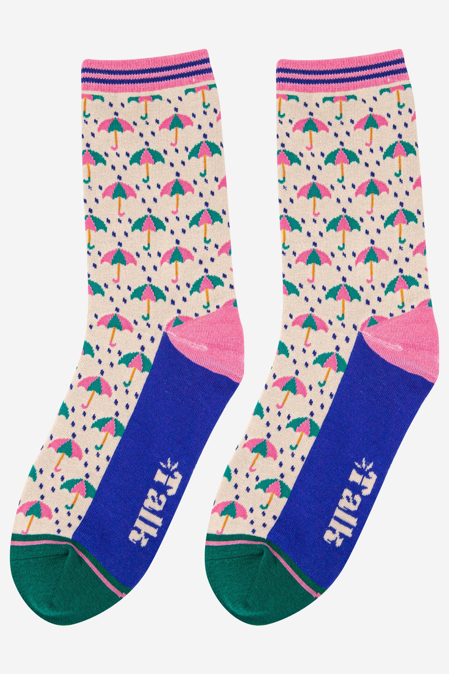 cream, pink and blue bamboo socks with an all over rainy day umbrella pattern