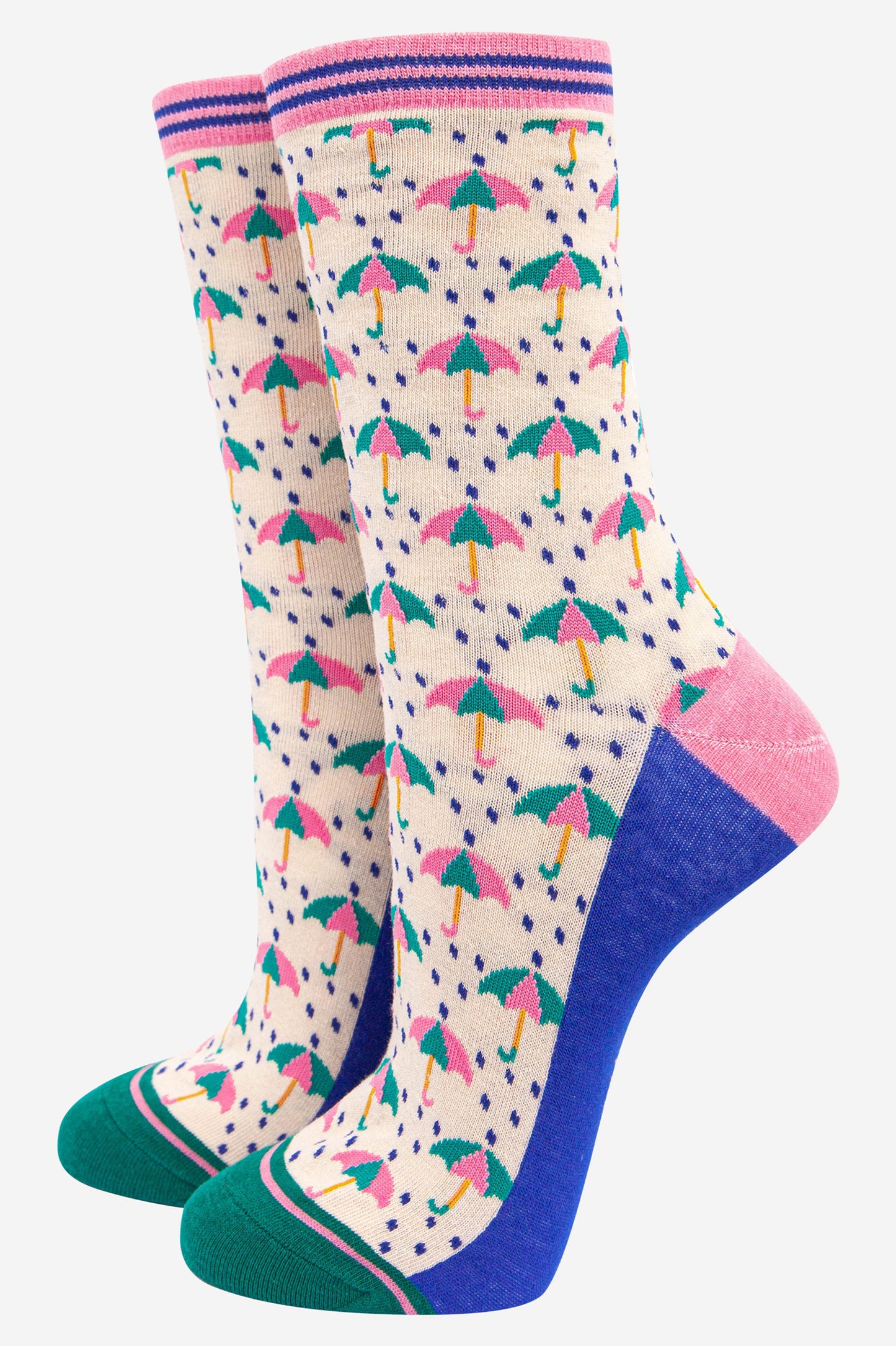 womens bamboo ankle socks with an all over pink and green umbrella and rain print pattern
