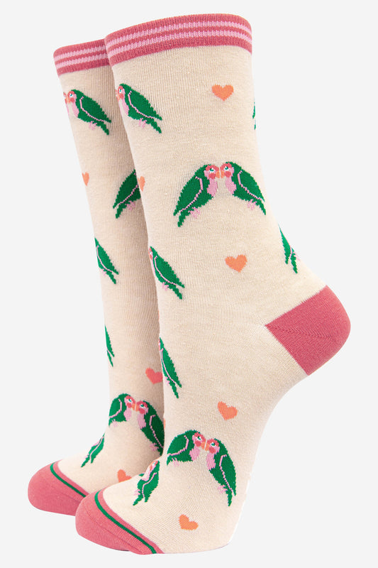 cream and pink bamboo ankle socks featuring kissing love birds and pink love hearts