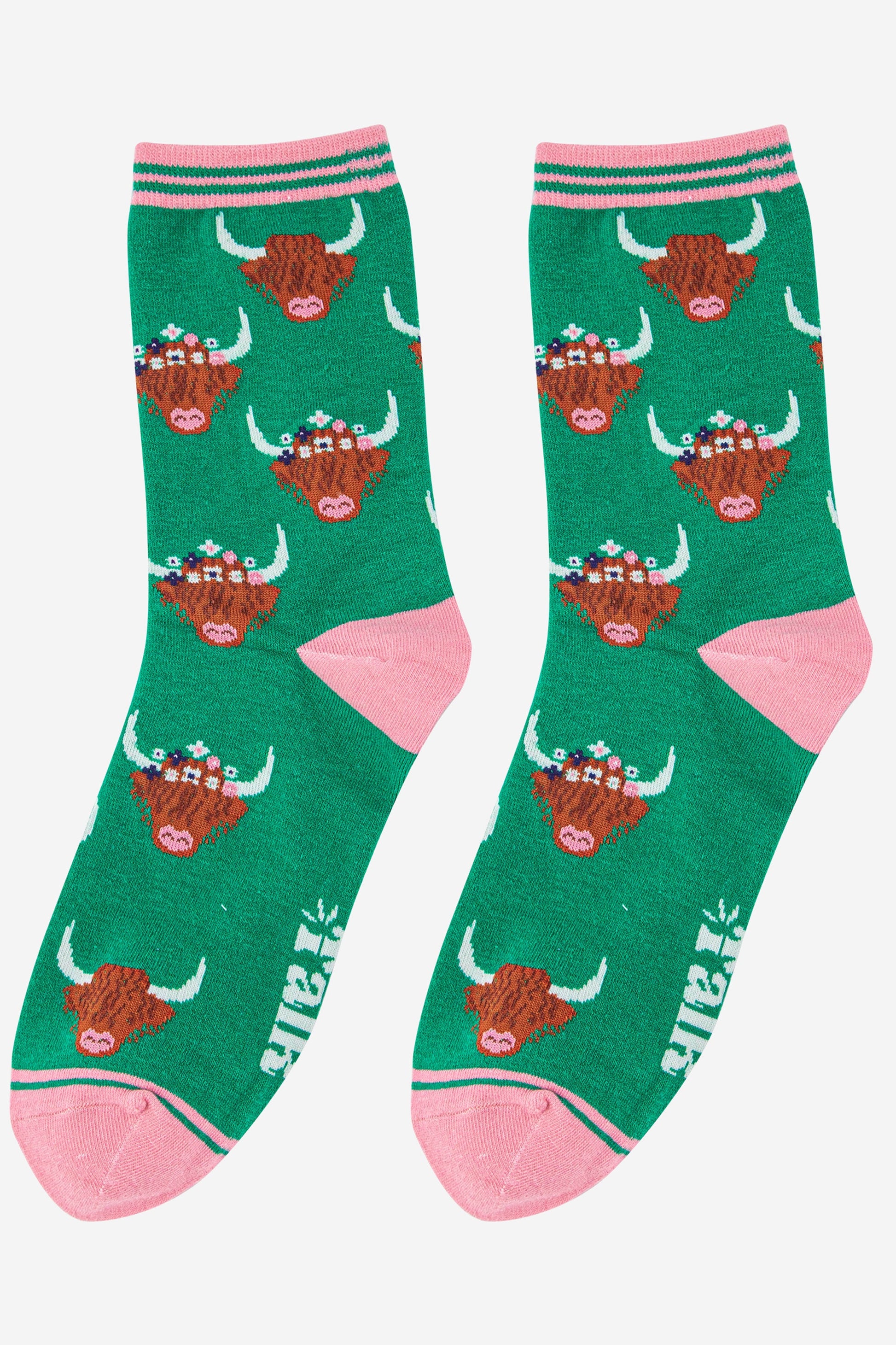womens highland cattle socks in green and pink 