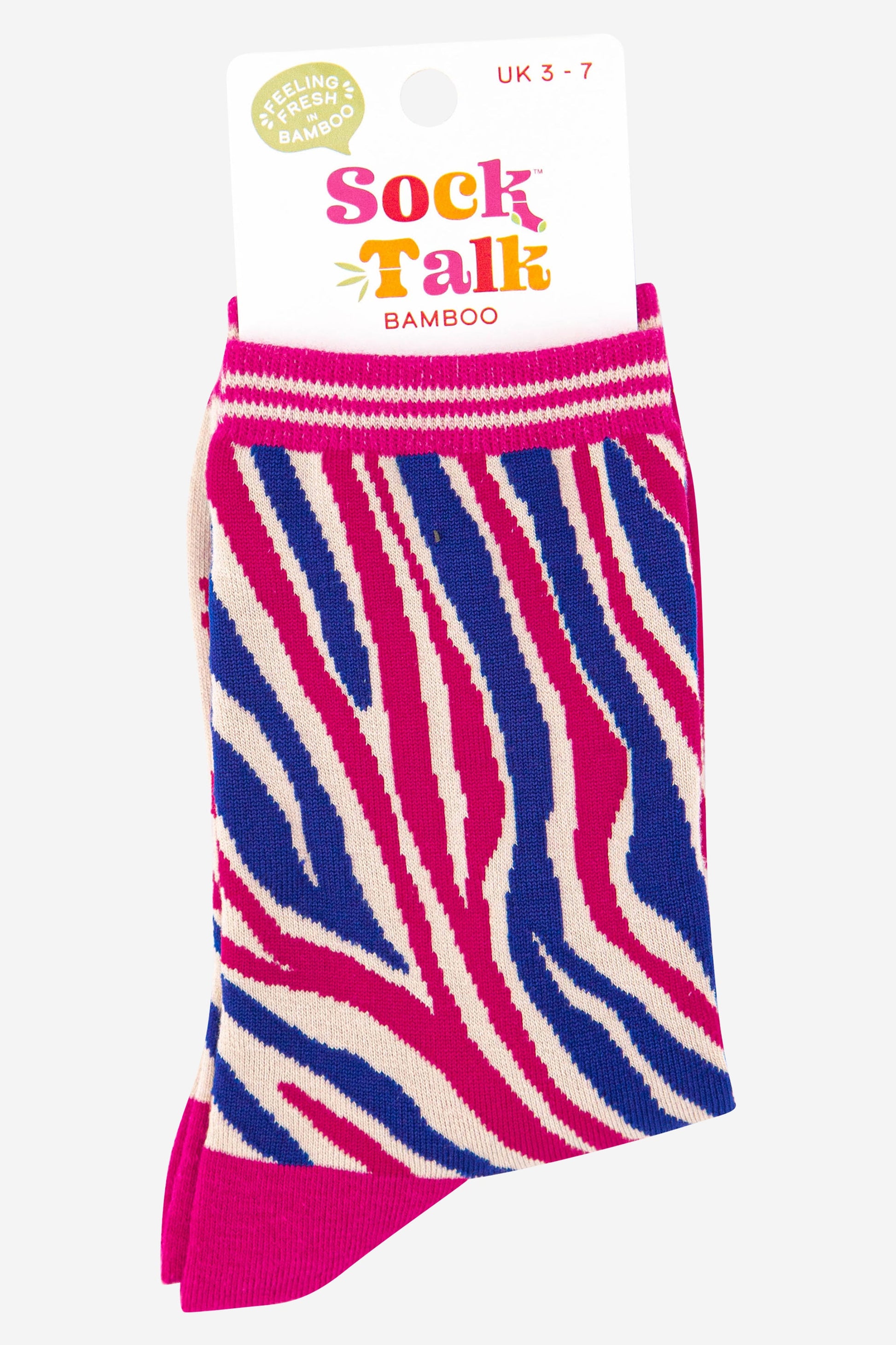 zebra print bamboo ankle socks in blue and pink uk size 3-7